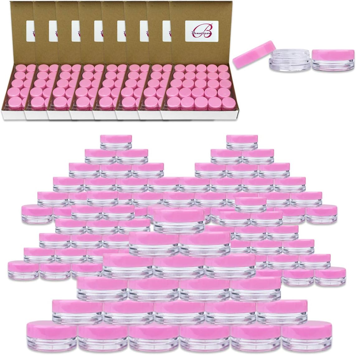 Beauticom 3G/3ML Round Clear Jars with Pink Lids for Acrylic Powder, Rhinestones, Charms and Other Nail Accessories - BPA Free (Quantity: 1000 Pieces) Product Name