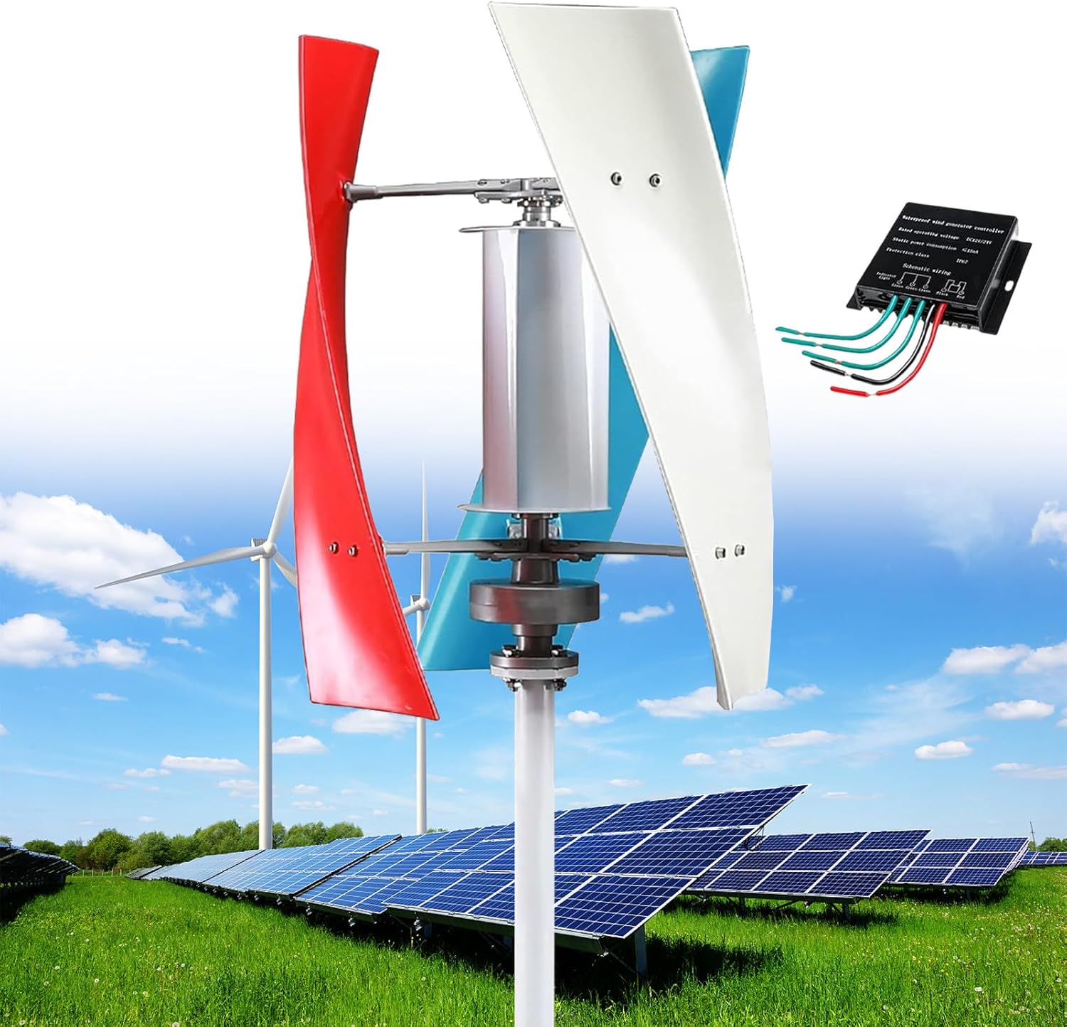 12000W Portable Vertical Wind Turbine Generator Kit, 3-Blade Helix Design with Charge Controller for Marine, RV, Home & Industrial Energy Solutions - Colorful 48V