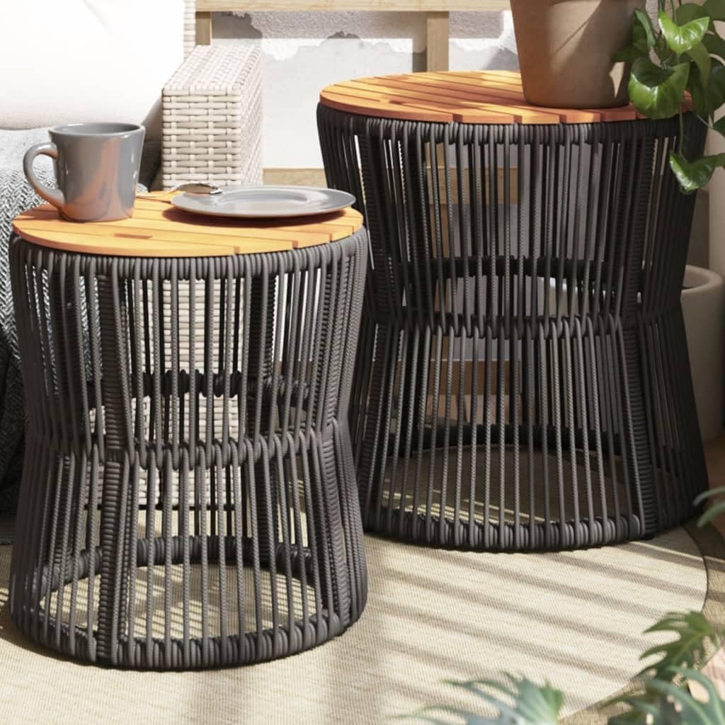 Patio Side Tables 2 pcs with Wooden Top Gray Poly Rattan,Elegant Rattan Outdoor Side Tables with Durable Acacia Wood Top for Garden, Patio, and Backyard Garden Tables, Patio Furniture, Outdoor Furnitu