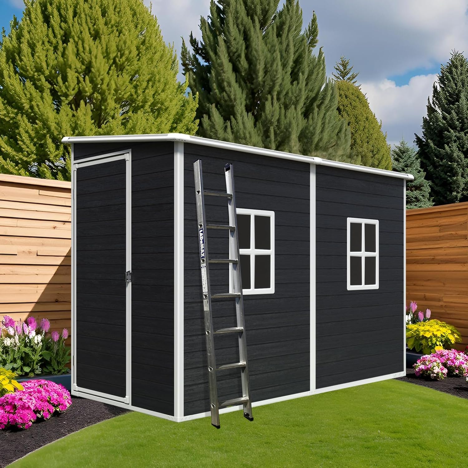 4x8 ft Outdoor Storage Shed with Floor, Lean to Resin Storage Shed with Two Windows & Lockable Door, Waterproof Plastic Tool Sheds for Garden, Backyard, Patio, Lawn, Black