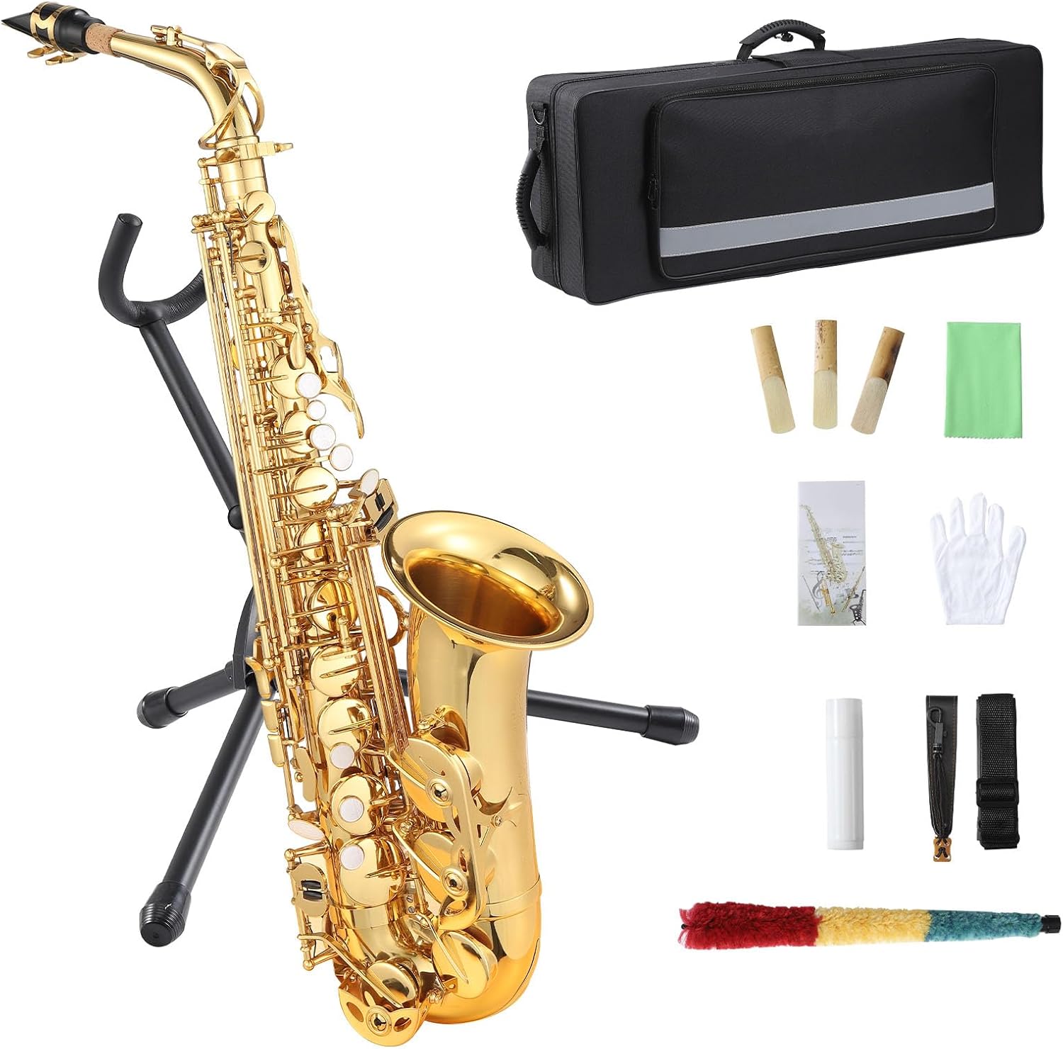 Alto Saxophone Full Kit - E-Flat, Includes Case, Strap, Reeds, Stand & Cleaning Accessories