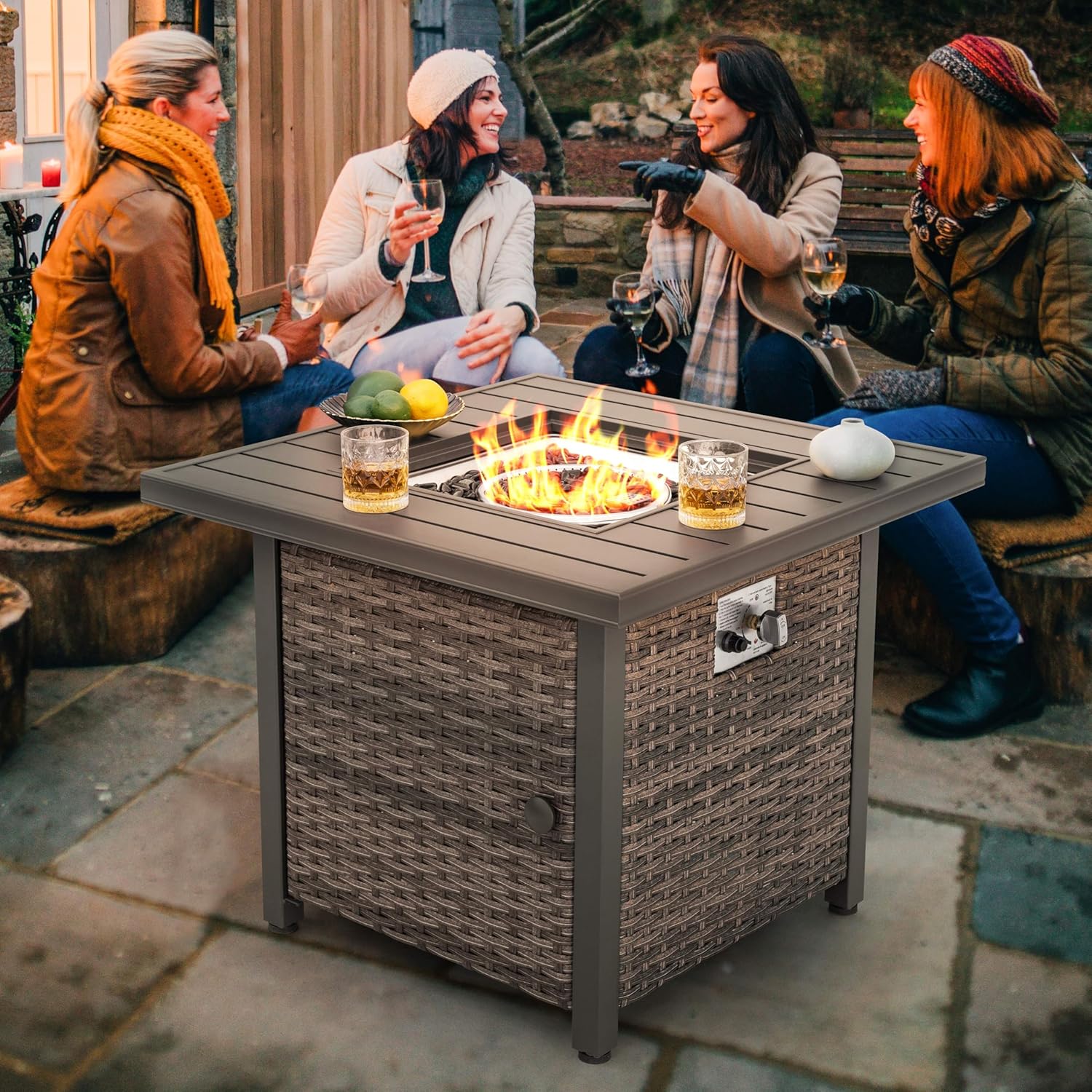 Nuu Garden 30 inch Outdoor Propane Fire Pit 50,000 BTU Gas Fire Pit Table with Lid, Hand-Woven Wicker, Square Gas Fire Table with Glass Beads for Garden, Patio, CSA Certification