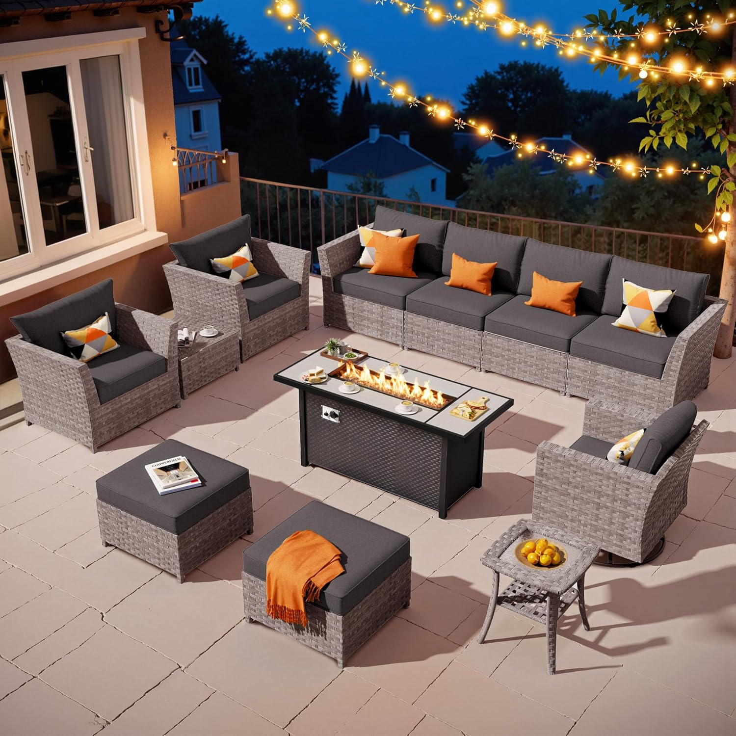 HOOOWOOO Outdoor Sectional Patio Furniture Set with Fire Pit Table,Fully Assembled 12 Pieces Wicker Patio Conversation Sets,Out Door Sofa with Swivel Chair Ottoman Deep Seat,Black