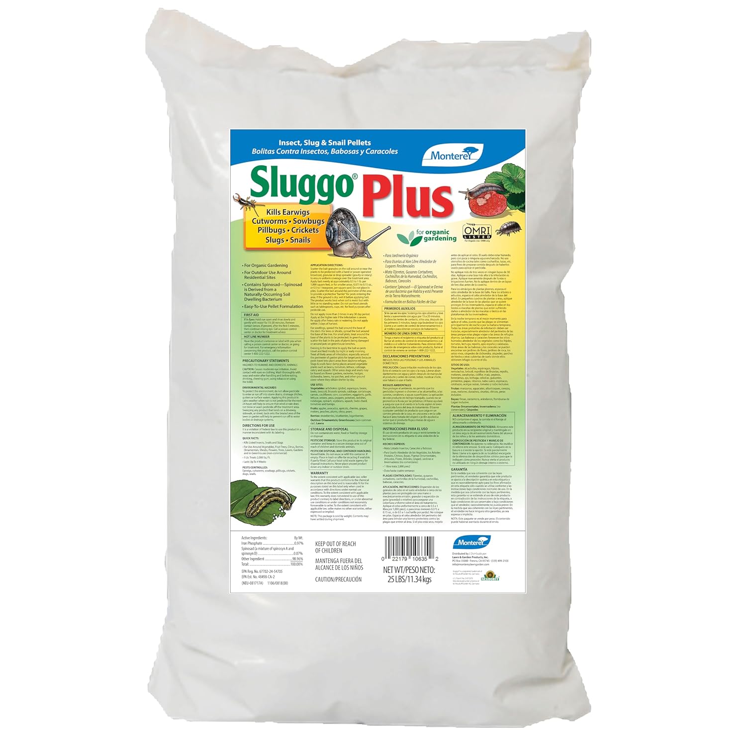 Sluggo Plus Insect, Snail & Slug Killer – 25 lb Granules for Outdoor Use in Gardens, Lawns & Greenhouses - 2-in-1 Organic Pellets with Spinosad – Pet & Wildlife Friendly