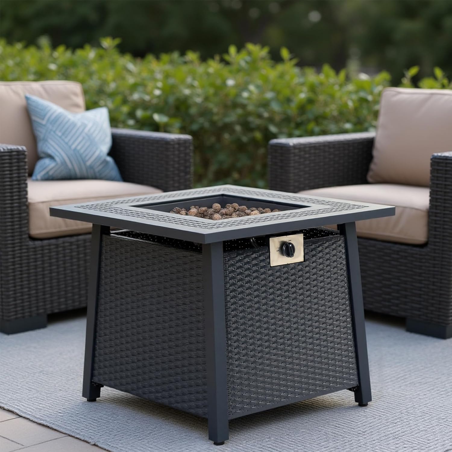 28 Inch Square Propane Firepit Table Outdoor Iron Tabletop Fire Pit 50000 BTU Firepit with Adjustable Flame fire Pit Tables for Outside Patio. Garden, Poolside, Backyard, Porch Deck Black