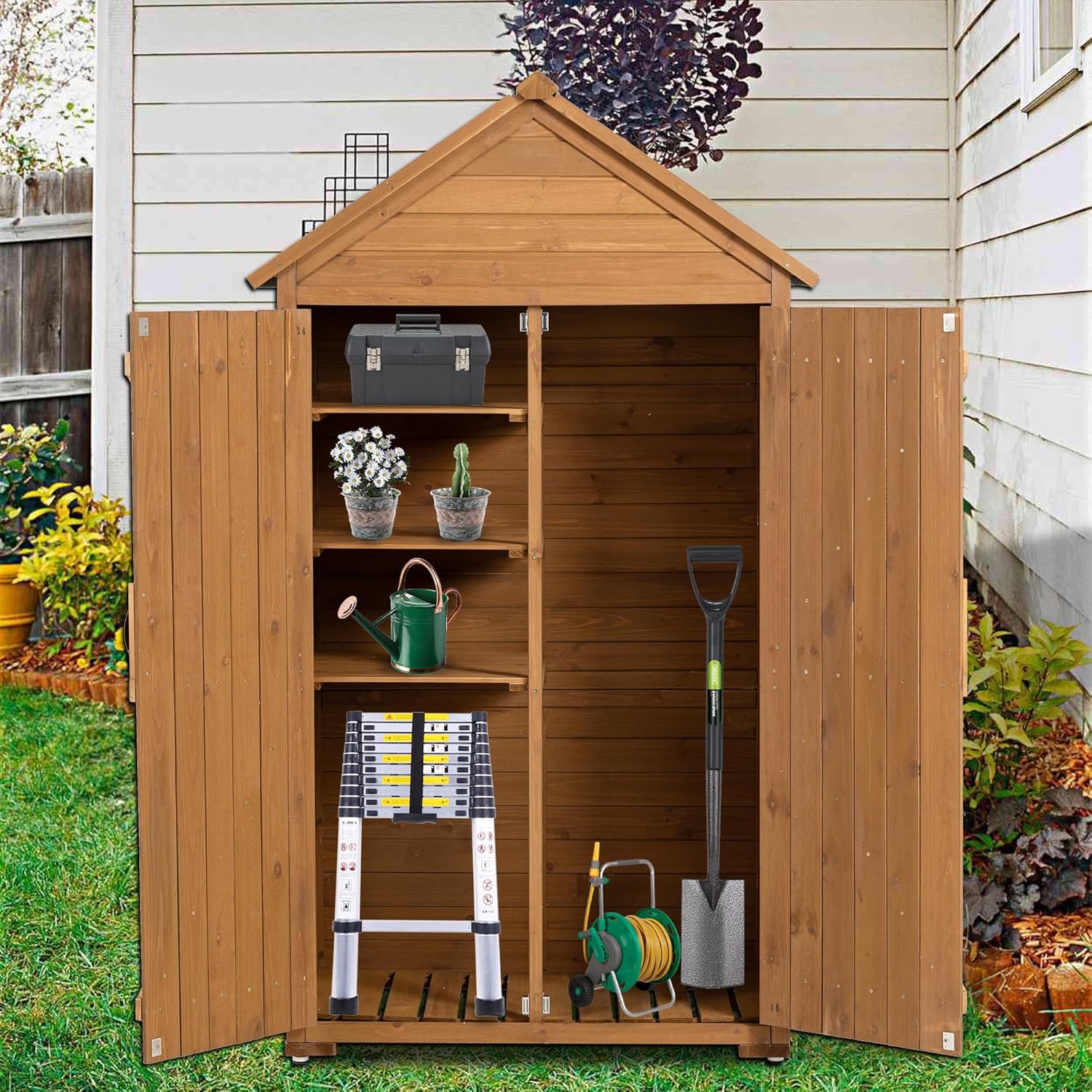 Indoor Outdoor Storage Cabinet Shed Waterproof with Shelf, Wood Garden Shed Tool Shed Outdoor Cabinets for Patio/Backyard, 39.56