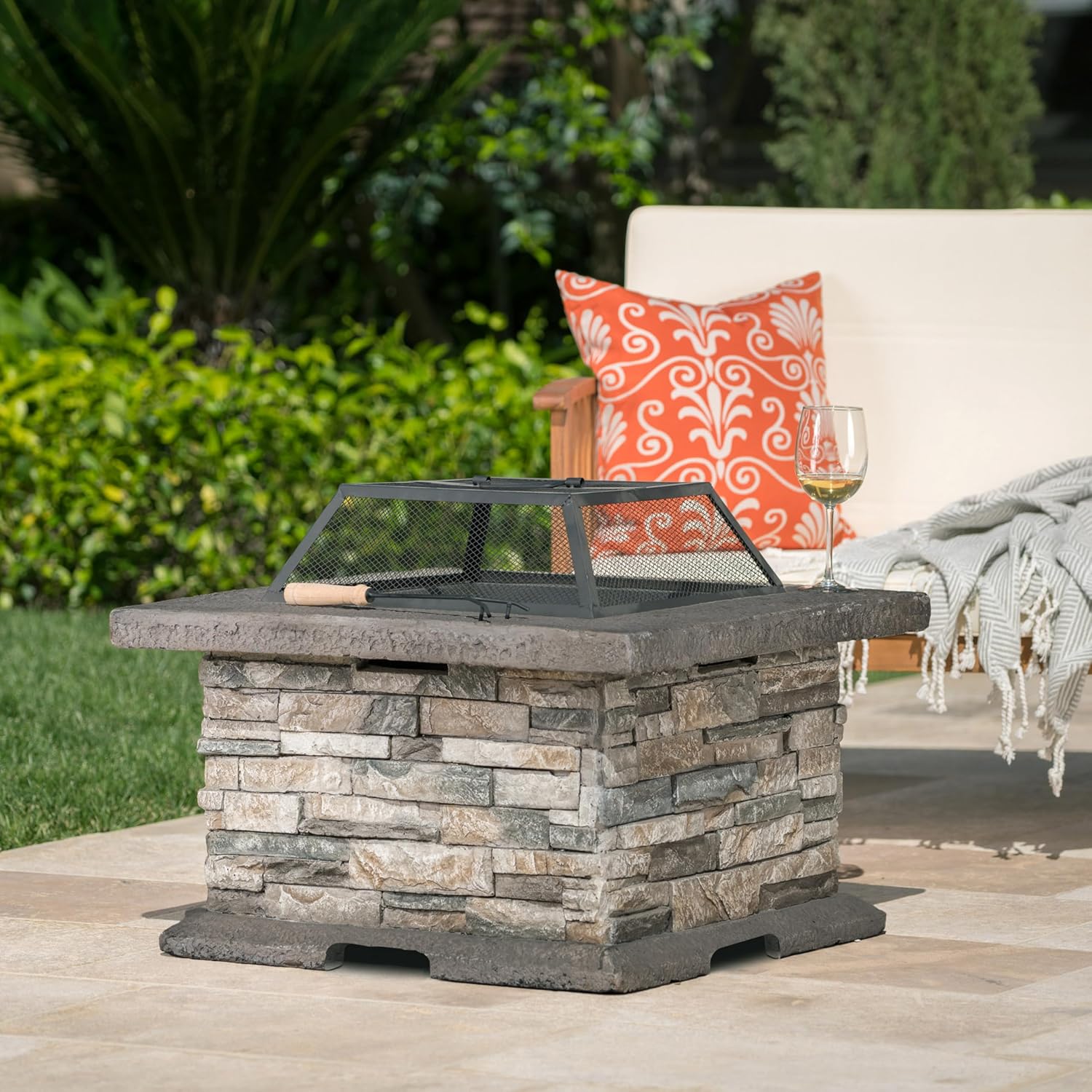 LifeSky Outdoor Stone Fire Pit - Modern Square Fire Pit with Spark Screen & Poker Tool for Backyard & Patio - Durable Engineered Stone & Iron Design for Outdoor Gatherings & Relaxation