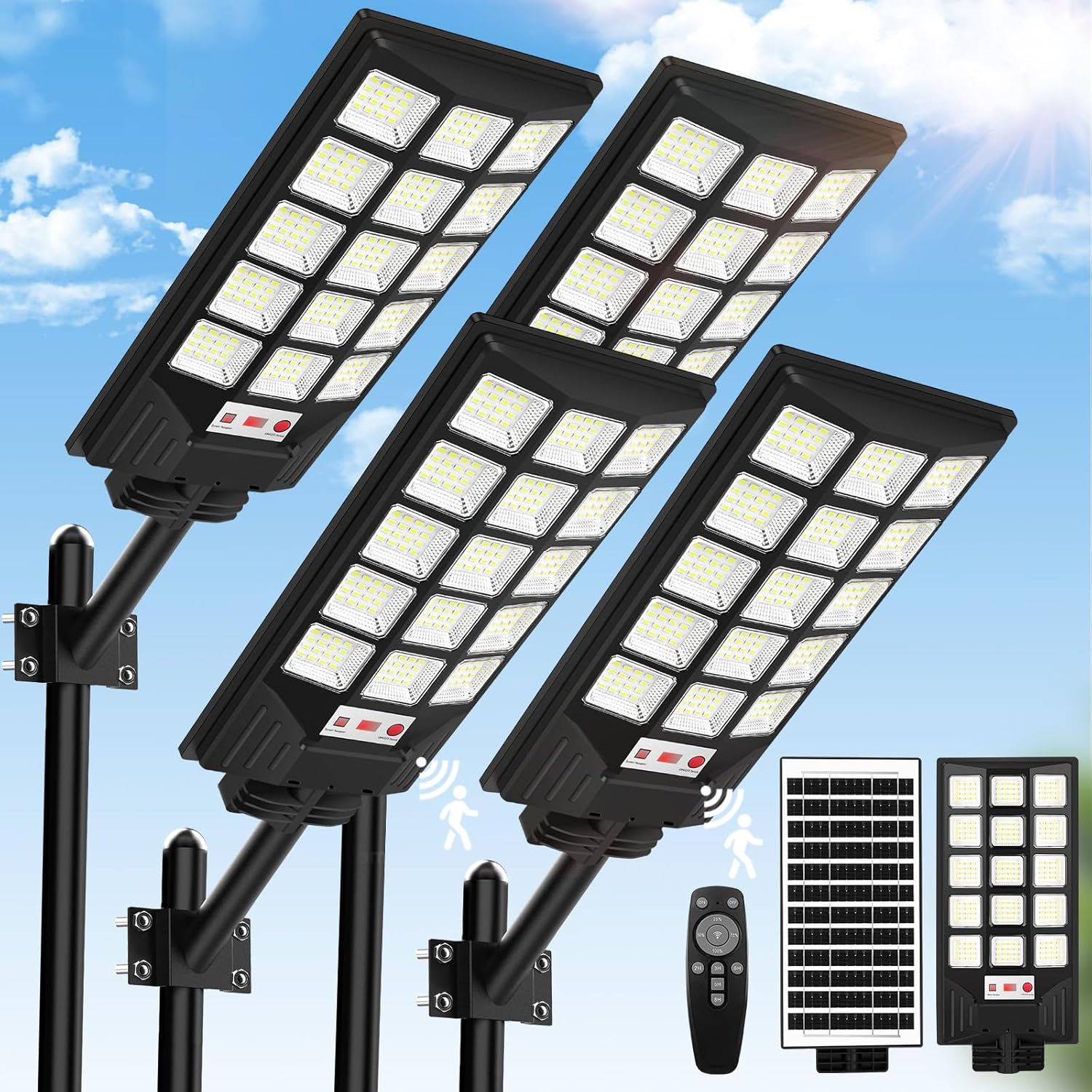 Brightever Solar Street Lights Outdoor, 25000LM 8500K Waterproof Motion Sensor Solar Powered Flood Lights with Remote Control, Dusk to Dawn Parking Lot Lights t for Outside,Yard, Garden, 4-Pack