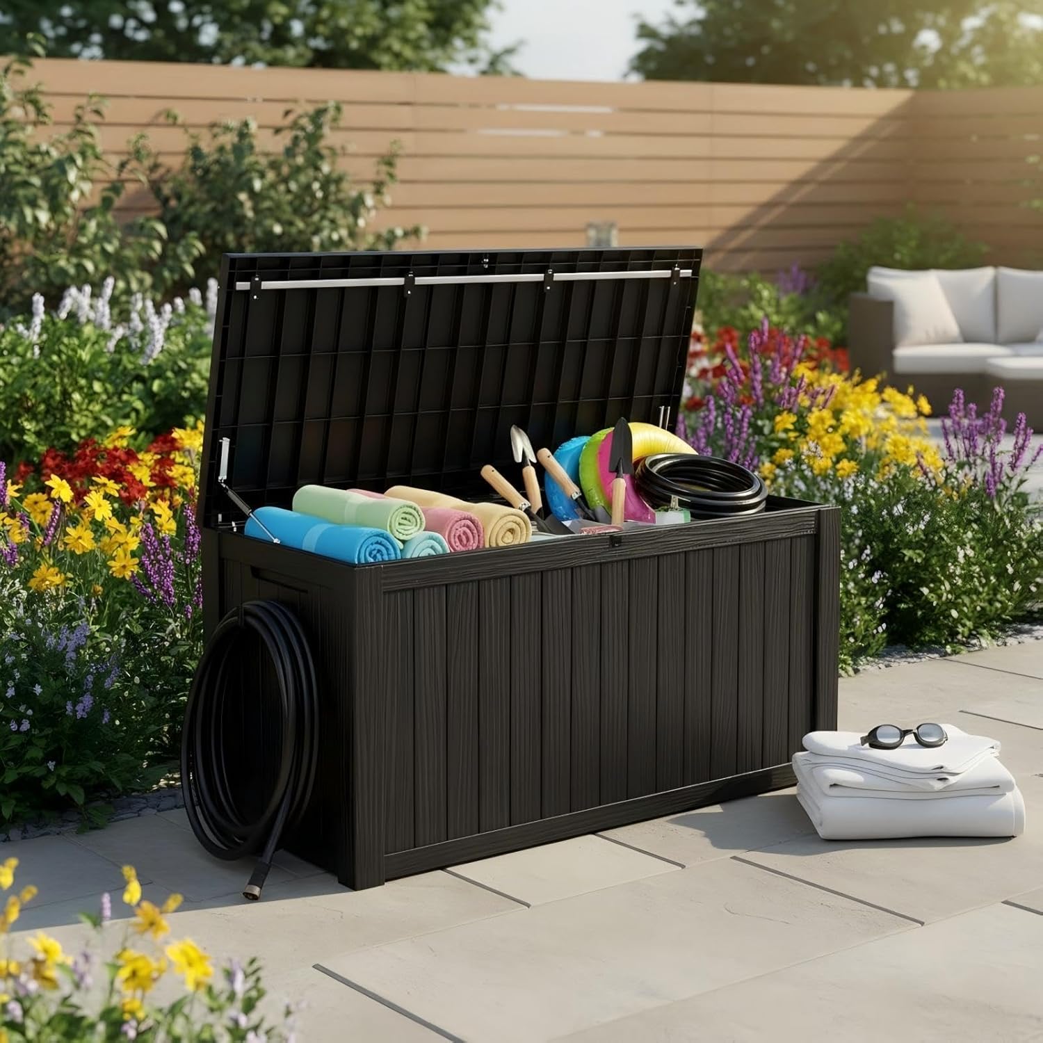 180 Gallon Resin Deck Box with Lockable Lid - Outdoor Waterproof Storage for Patio Furniture, Garden Tools, Cushions & Pool Accessories, All-Weather Wood Grain Design