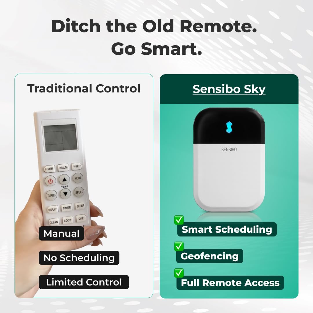 Sensibo Sky, Smart Wireless Air Conditioner Controller. Quick & Easy DIY Installation. Maintains Comfort with Energy Efficient. Automatic Wifi Thermostat Control App. Google, Alexa and Siri Compatible