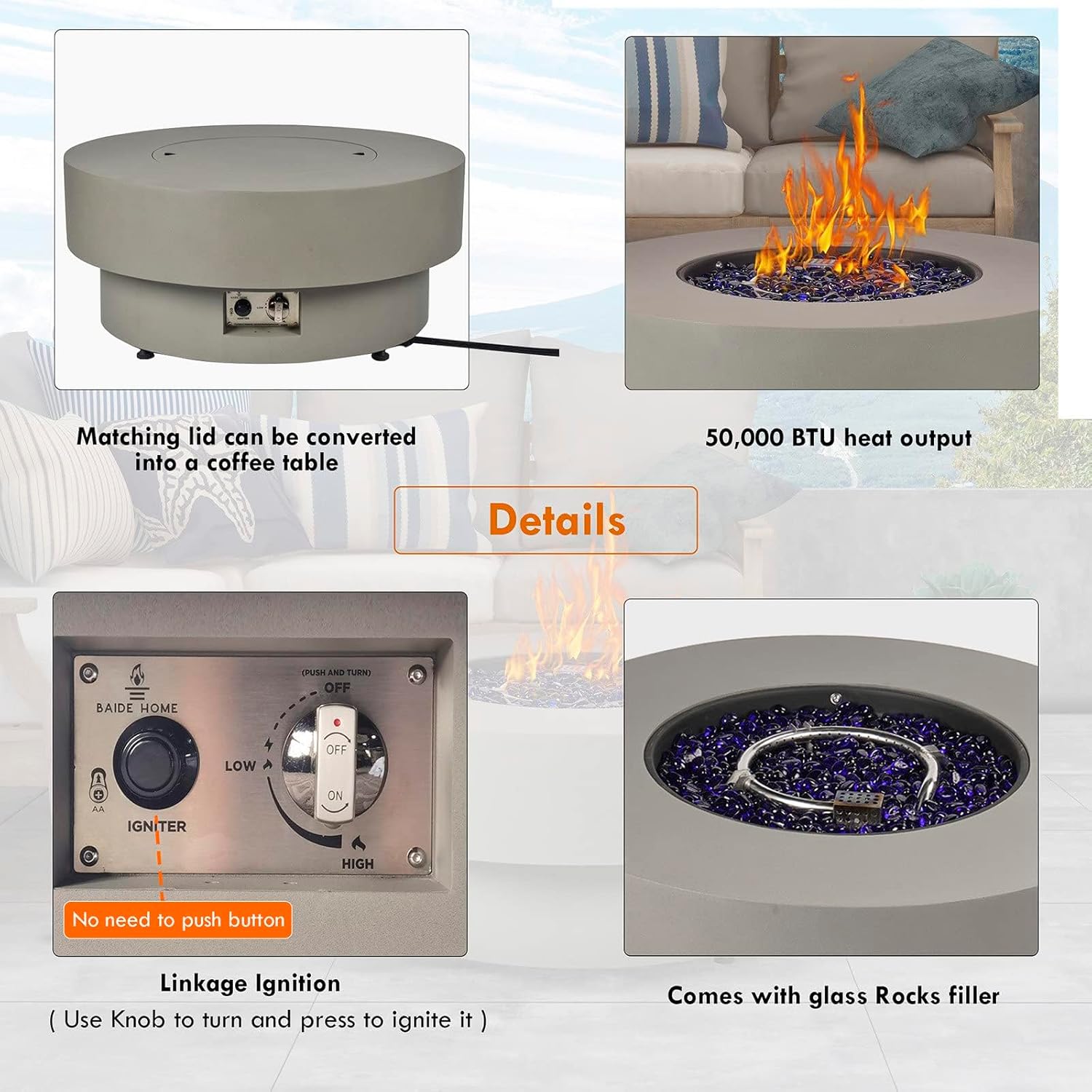 Propane Outdoor Fire Pit Table, Flint & Concrete Look 32.5-inch Round Patio Propane Fire Table 50,000 BTU w/Lid, Glass Rocks, Cover, Pre-Attached 10ft Hose