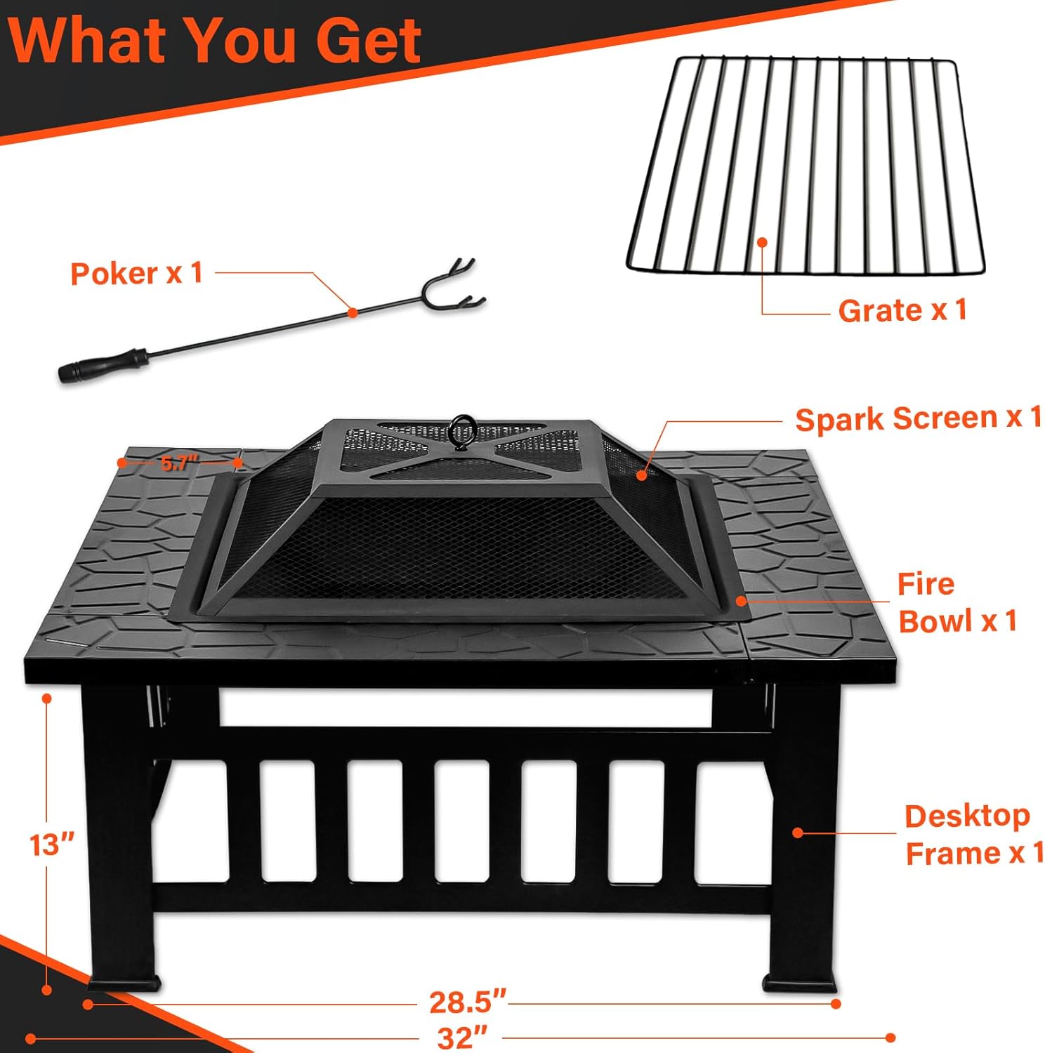 32 Inch Fire Pit Table with Fire Poker & Spark Screen, Outdoor Burning Fire Pits, 3 in 1 Metal Square Firepit Stove for Outside Heating, Bonfire Party, Camping, Backyard, Patio, Garden