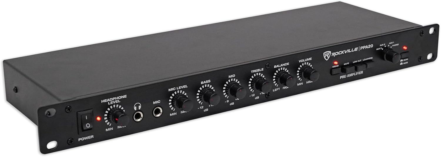 Rockville PPA20 Preamp 11V 1U Rack Mount Professional Pre-Amplifier, Phono Input, XLR Outputs, 3-Band EQ, for Home Audio and Studio Recording