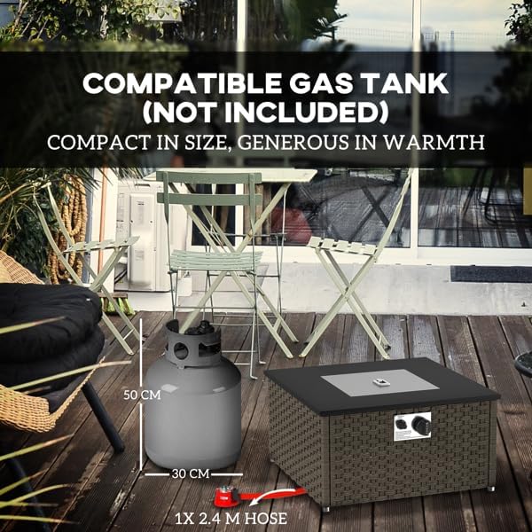 Outdoor Propane Fire Pit Table,2-in-1 Gas Fire Pit with Lid, 13KW Heat Output, Three-Strand PE Rattan Woven Firepit for Patio Garden Backyard, Grey