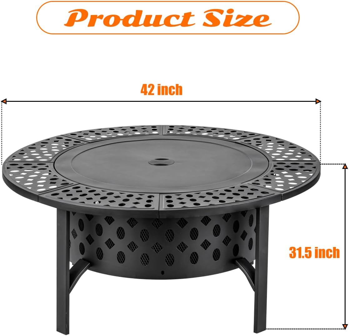 36 Inch Fire Pit with 2 Grills, Wood Burning Fire Pits for Outside with Lid, Poker and Round Waterproof Cover, BBQ& Outdoor Firepit & Round Metal Table 3 in 1 for Patio, Picnic, Party (BLACK 42 inch)