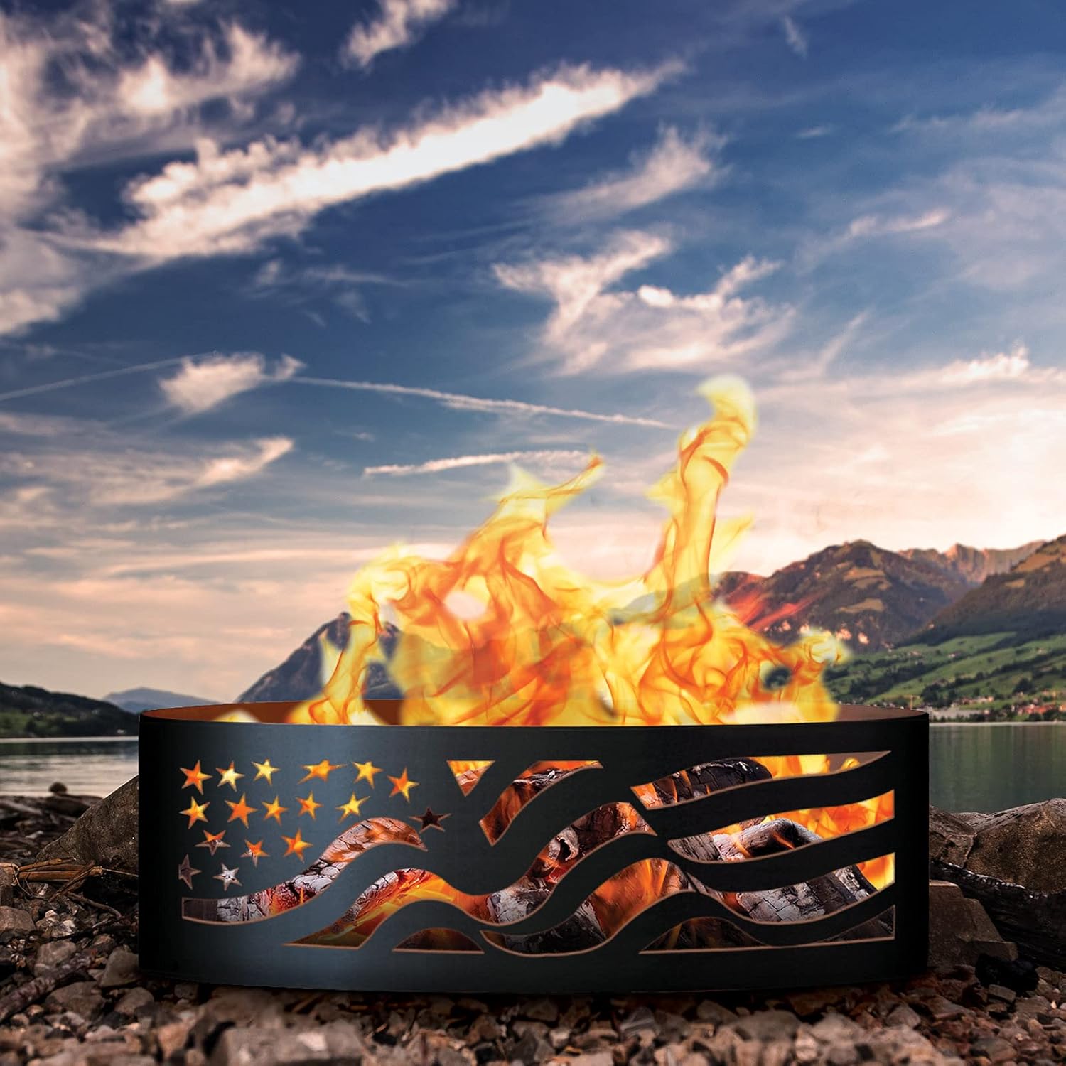 PD Metals AF01230-FP American Flag Unpainted 12 in. Tall 30 in. Diameter Outdoor Fire Ring with Fire Poker - 30 x 30 x 12 in. - Rustic Black Color