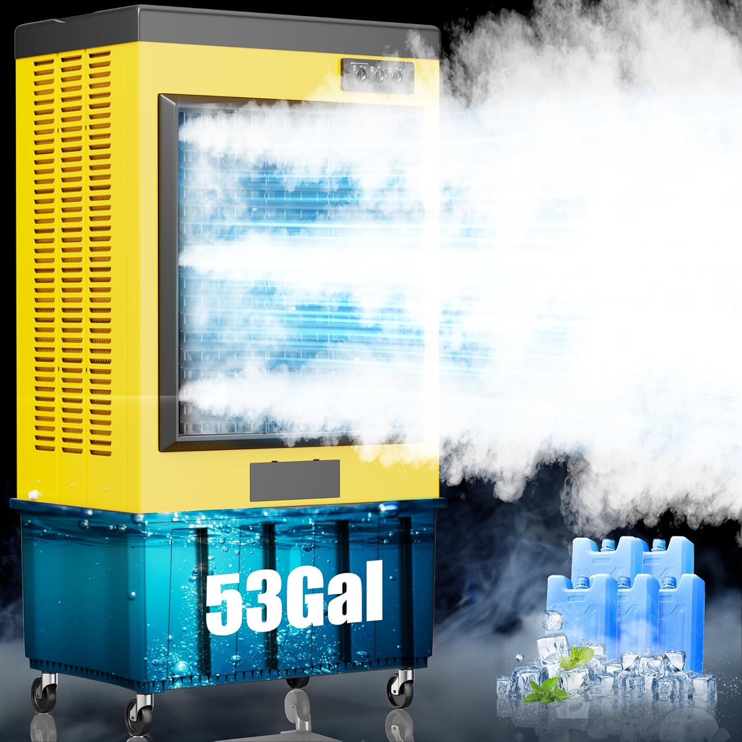 AKIRES 14715CFM Swamp Coolers,Evaporative Air Cooler for 2800Sq.ft of Space,with Continuous Auto Fill,53-Gal Water Tank,120°Oscillation,5 Ice Packs,Cooling Fan for Outdoor,Indoor Yellow(71IN)