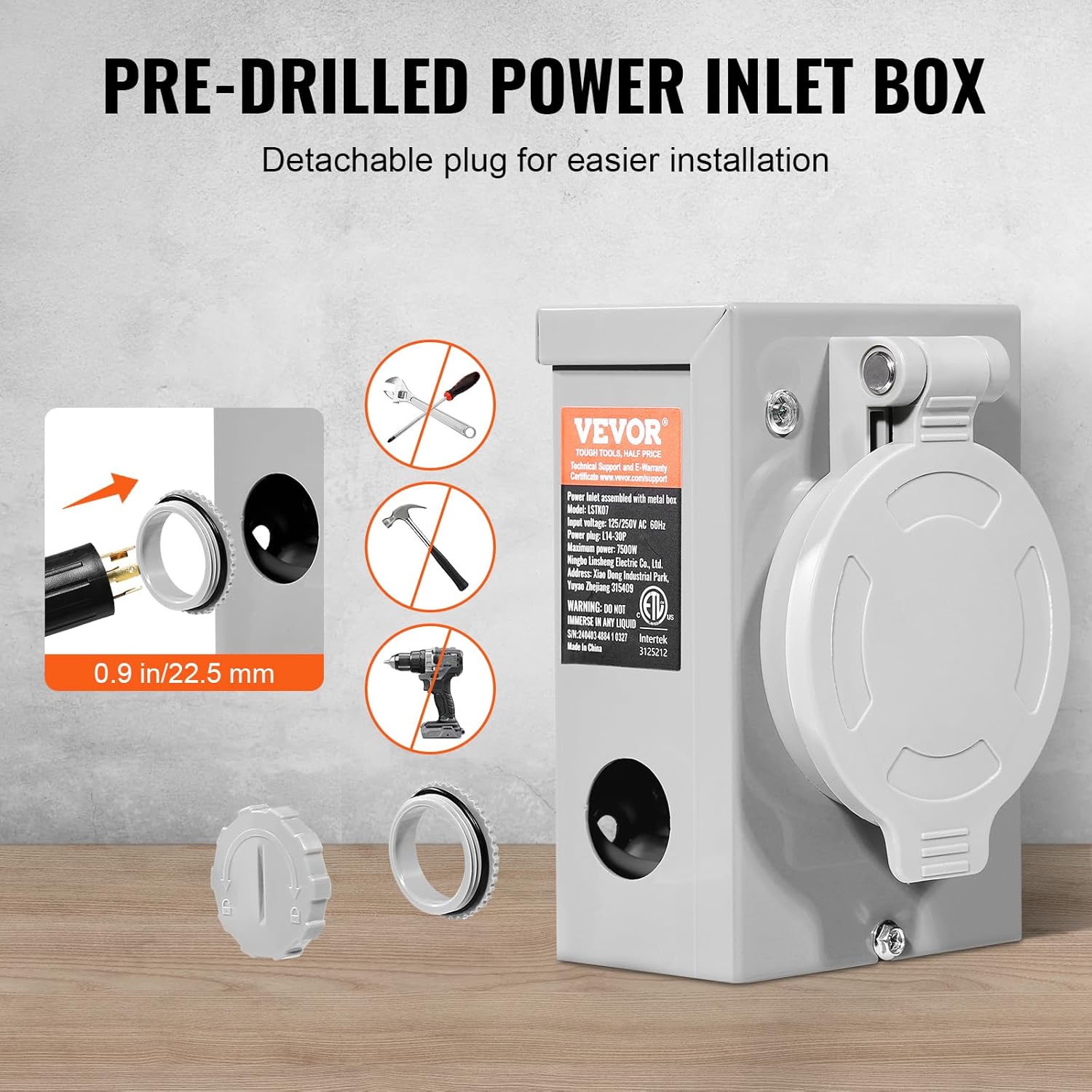 VEVOR 30 Amp Generator Cord and Power Inlet Box Kit, 25 FT Generator Extension Cord NEMA L14-30P/L14-30R STW 10 AWG with Twist Lock Connector, Pre-Drilled Inlet Box, ETL Listed