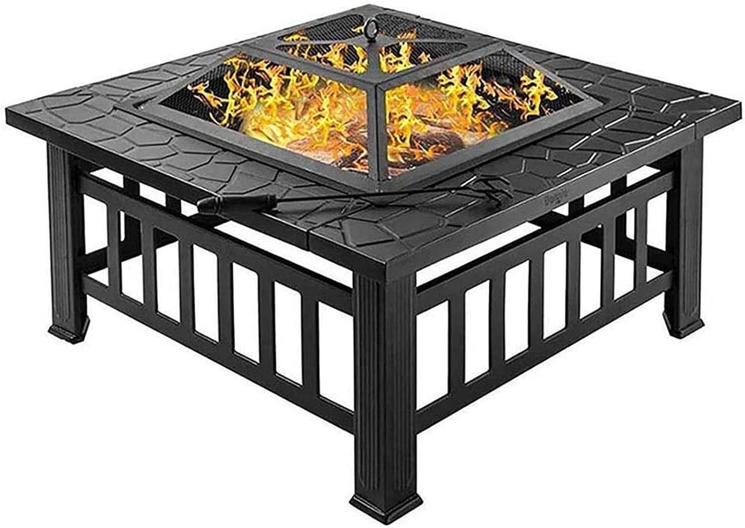 Garden Fire Pit Grill Bowl Grill Barbecue Rack Outdoor Fire Pits Table Top Fire Pit Wood Burning Stove, Square Backyard Fire Pit with Lid for Backyard Patio Garden Metal Fire Pit for Balcony