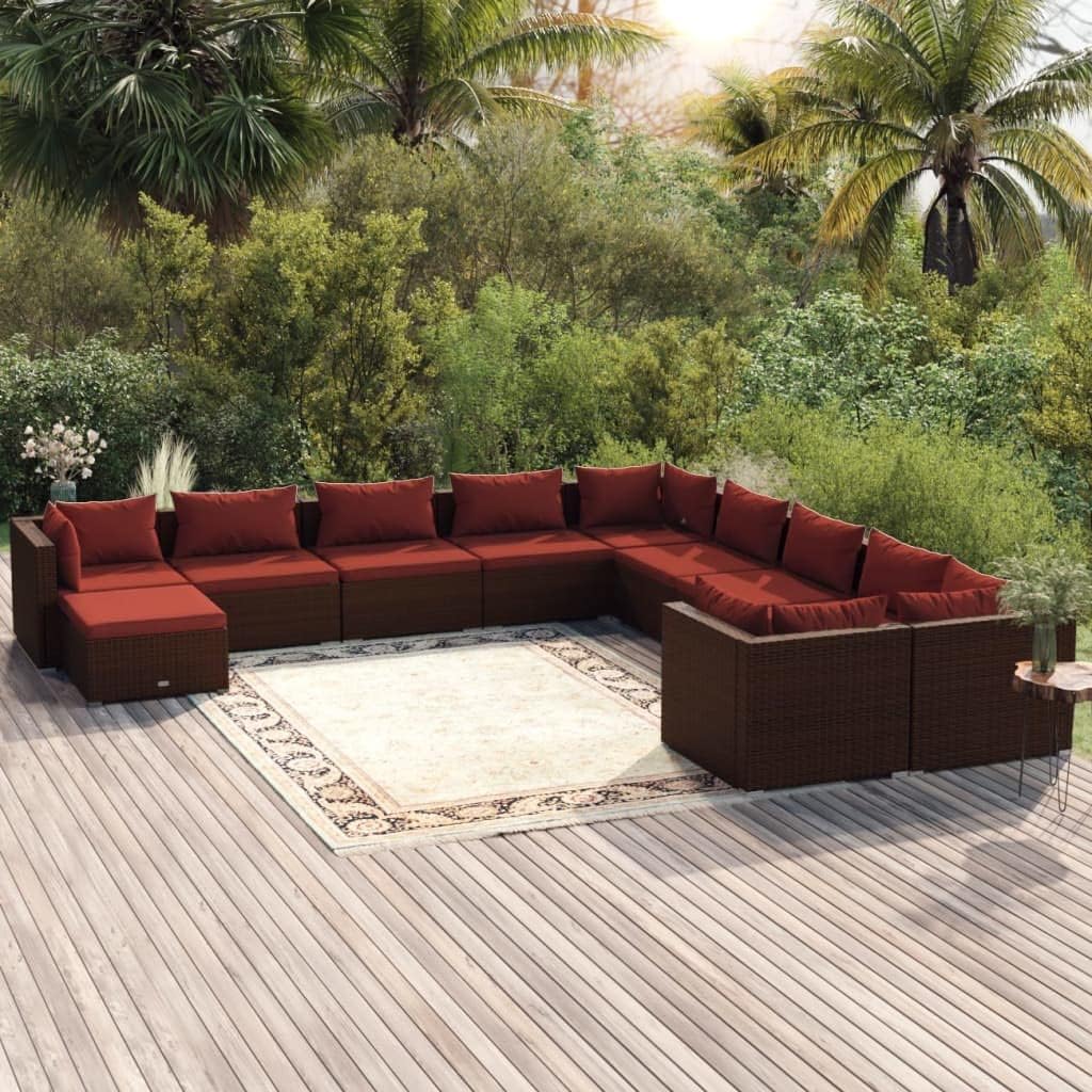 11 Piece Patio Lounge Set with Cushions Poly Rattan Brown Garden Furniture