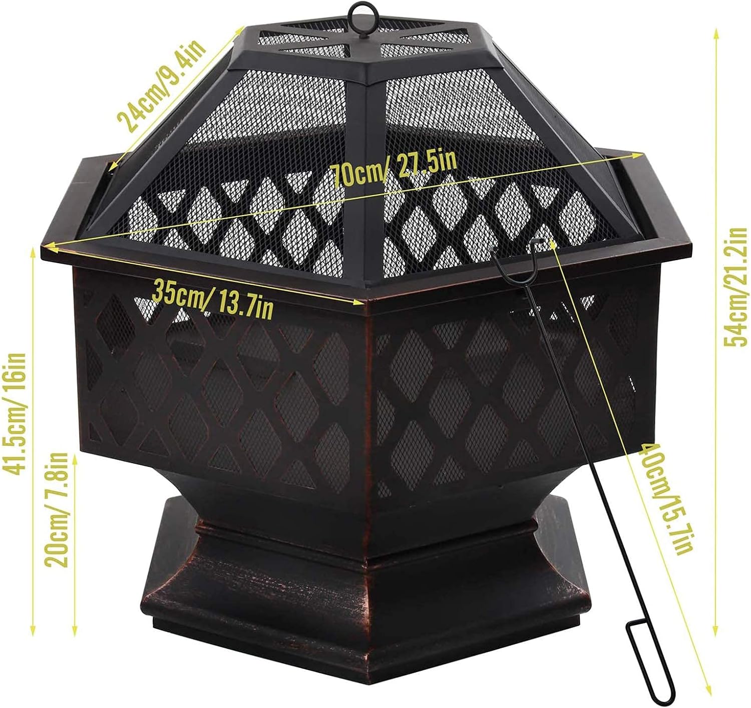 Steel Hexagonal Fire Pit, Fire Bowl for Garden and Patio, Outdoor Garden Fire Pit with Mesh Cover