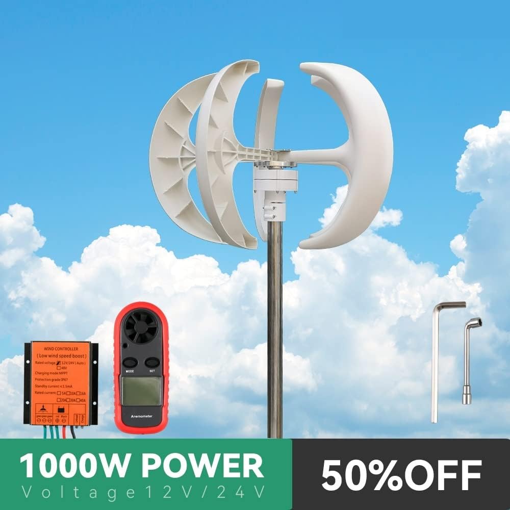 Wind Turbine, Vertical Wind Turbine Windmill 1000W 12v 24v Low Noise Wind Speed Start Rotation Free Energy with MPPT Charge Controller(Black,with MPPT Controller_24V)