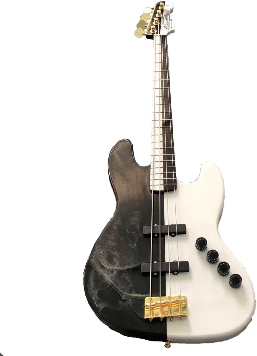 Black and White 4 String Bass with Gold Hardware - Perfect for Professional Bassists and Enthusiasts Seeking High- Sound and Performance