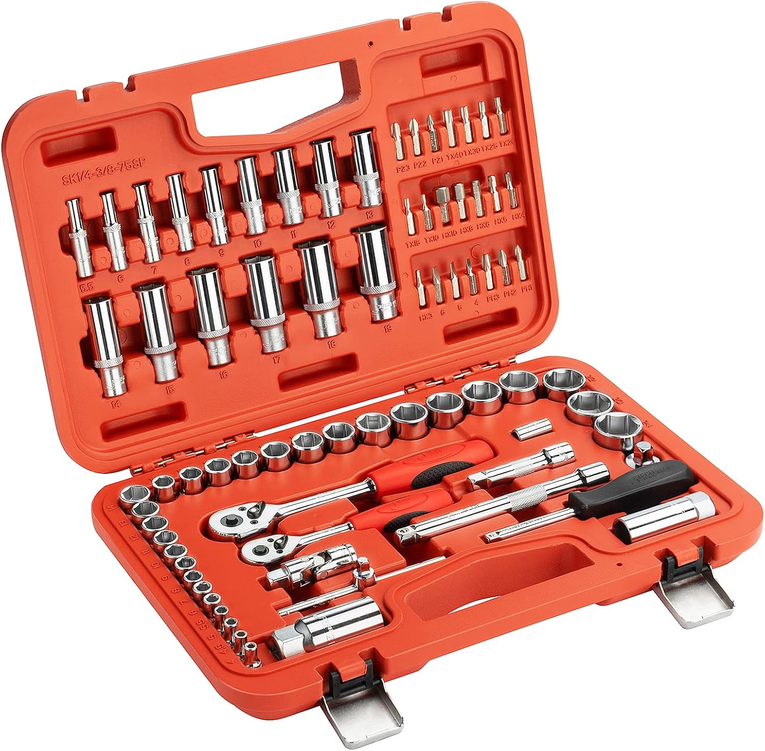 Jetech 75PCS Metric Socket Set, Includes 1/4 Inch and 3/8 Inch Drive Standard/Deep Sockets, Quick-Release Softgrip Ratchet, Bits, Extensions and Adapter, Universal Joint and Other Accessories