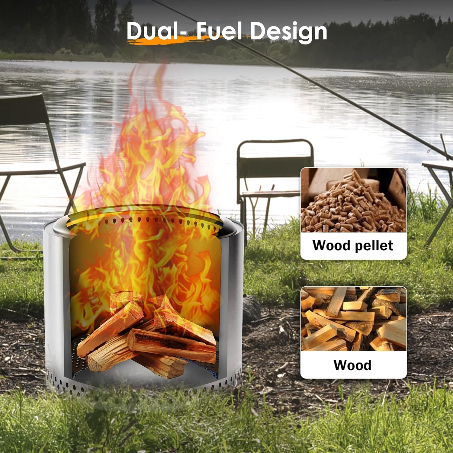 Red Mountain Valley 19'' Portable Wood Burning Smokeless Fire Pit with Removable Ash Pan, Outdoor Fireplaces for Camping, Patio, Stainless Steel None-Smoke Firepits for Outside, Silver