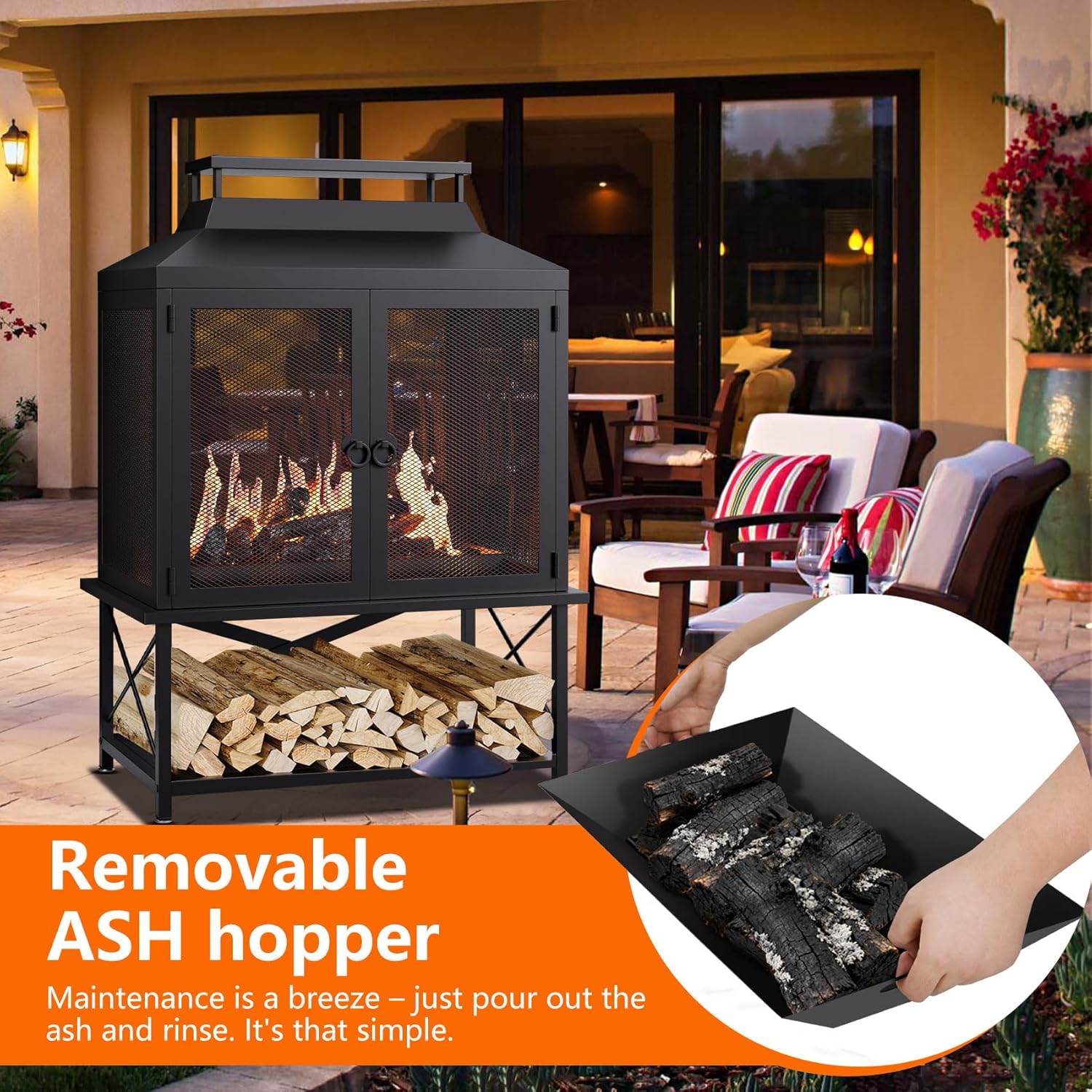 2-in-1 Metal Chiminea Fireplace with Grill,Wood Burning Outdoor Fireplace with Wood Storage, Chimney,Metal Mesh Spark Screen,and Fire Tongs Ideal for Yards,Patios, Gardens,Camping,and Picnics