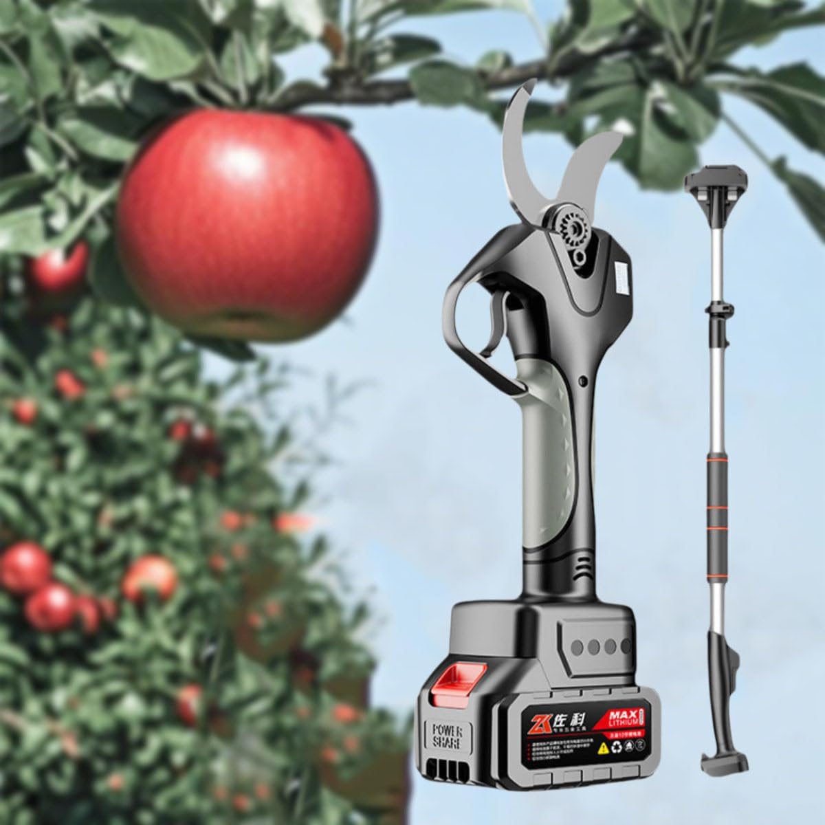 Electric Pruning Shears for Trees, Electric Pruning Shears for Thick Branches, Battery Powered Pruning Shears, 110-220 V, with Rechargeable Battery 银色开口6.0厘米+2节电池+延长杆