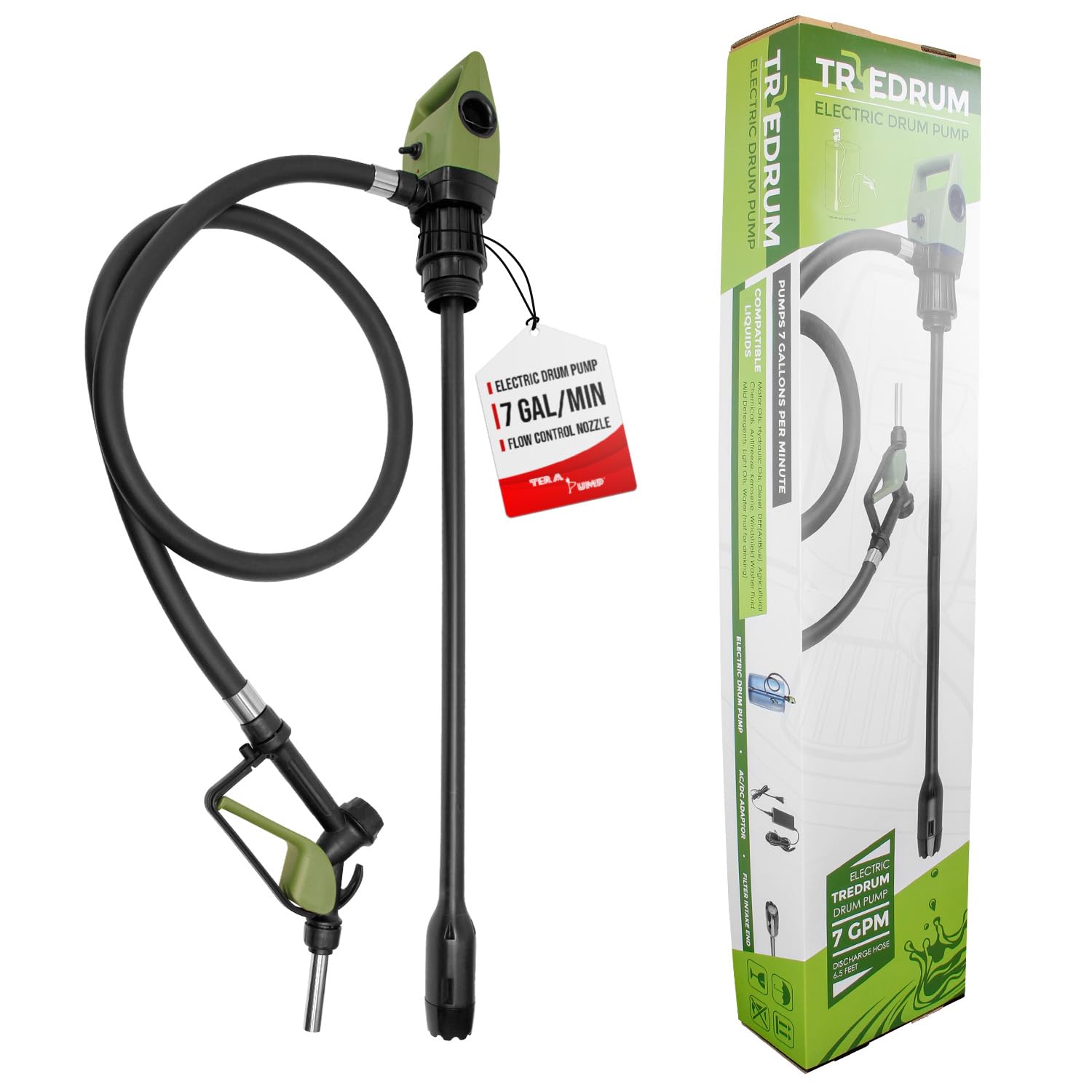 TERA PUMP Electric Drum Barrel Siphon for 55 Gallon Drums with Corrugated P.E. Discharge Hose with Easy Squeeze Nozzle (7.6 Gallon/Min)