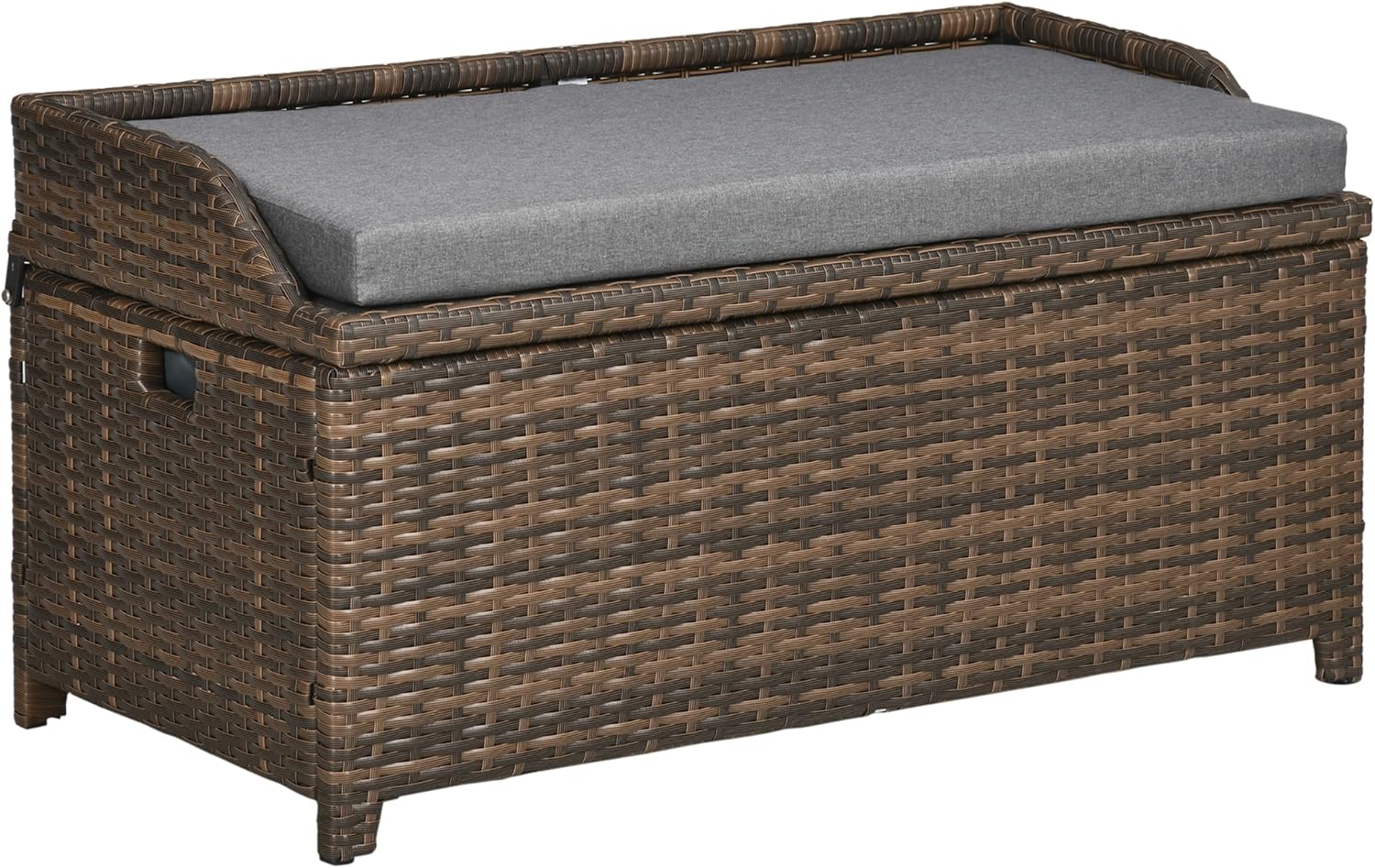 Outdoor Wicker Storage Bench Deck Box, PE Rattan Patio Furniture Pool Container Storage Bin with Interior Waterproof Bag and Comfortable Cushion, Gray