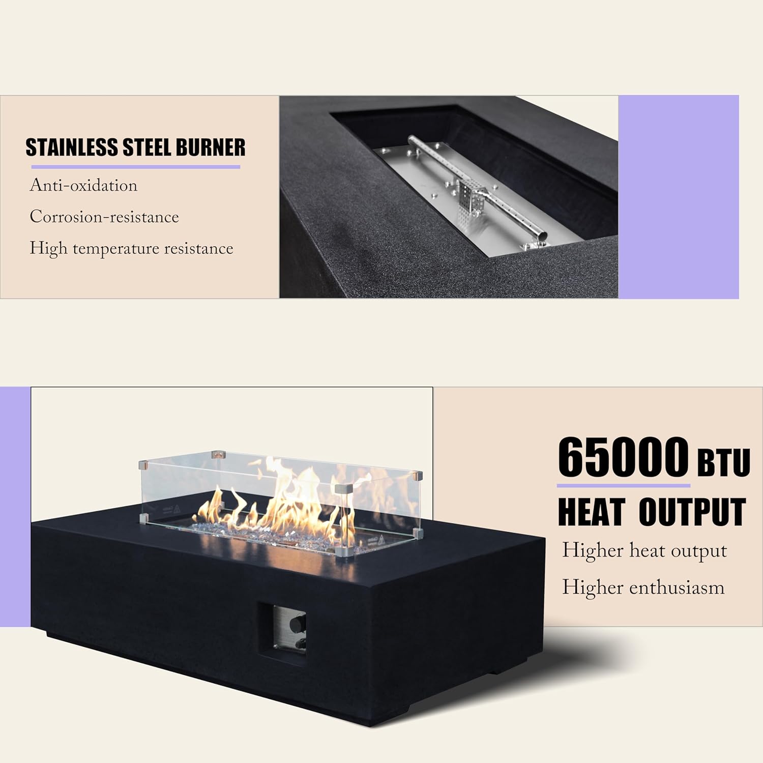 EXPLUX Outdoor Propane Gas Fire Pit Table 65,000 BTU 52-inch Concrete(GFRC) Rectangle Fire Pit for Outside Patio with 304 Stainless Steel Burner,Wind Guard,Crystal Blue Fire Glass,Rain Cover,Black