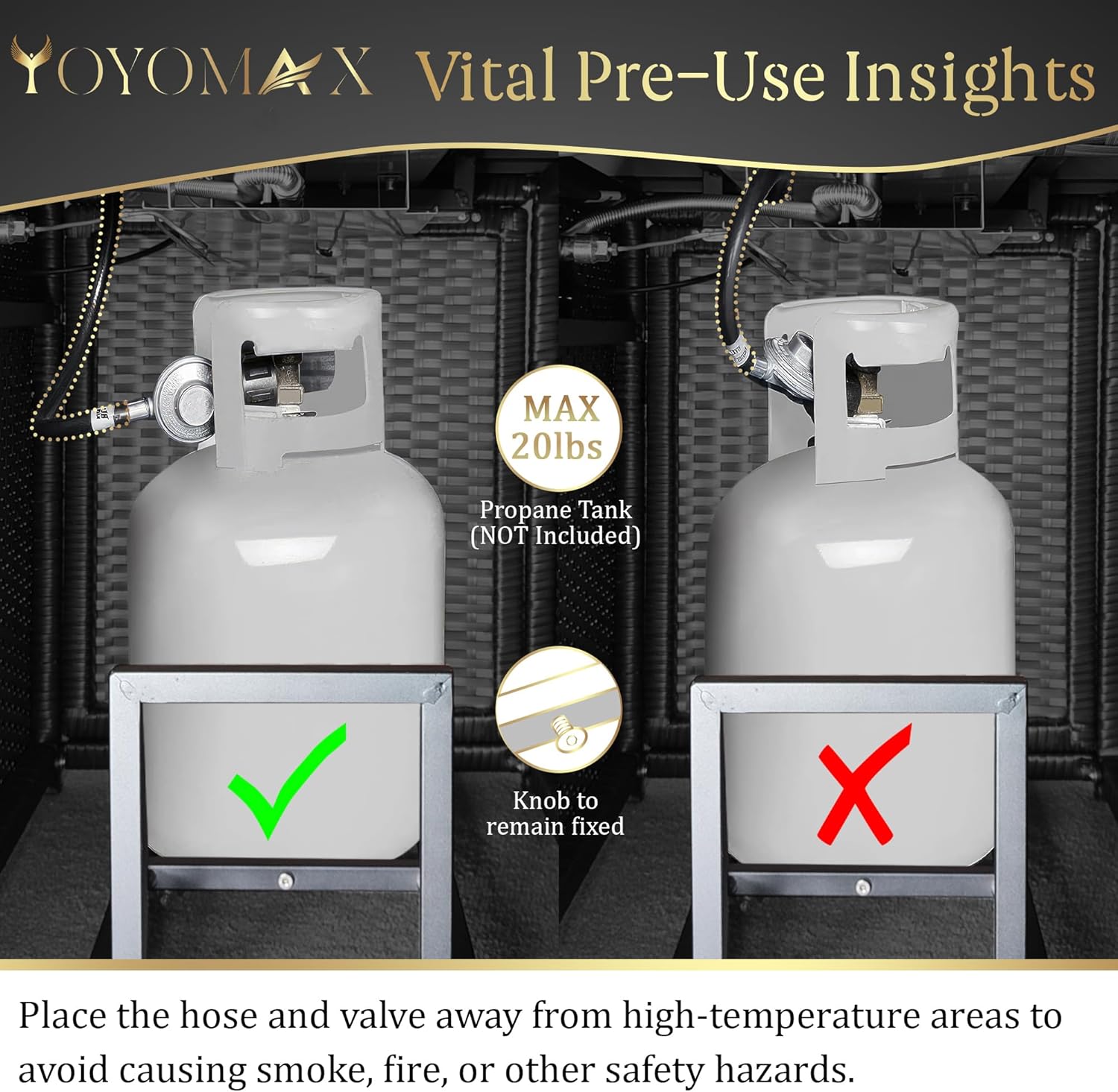 Yoyomax Hand Weave Rattan Propane Fire Pit Table 44-Inch Aluminum Tabletop and Frame, 60,000 BTU Adjustable Flame, Glass Wind & Waterproof Cover & Fire Beads, Idea for Patio, Garden, Resto Hotel