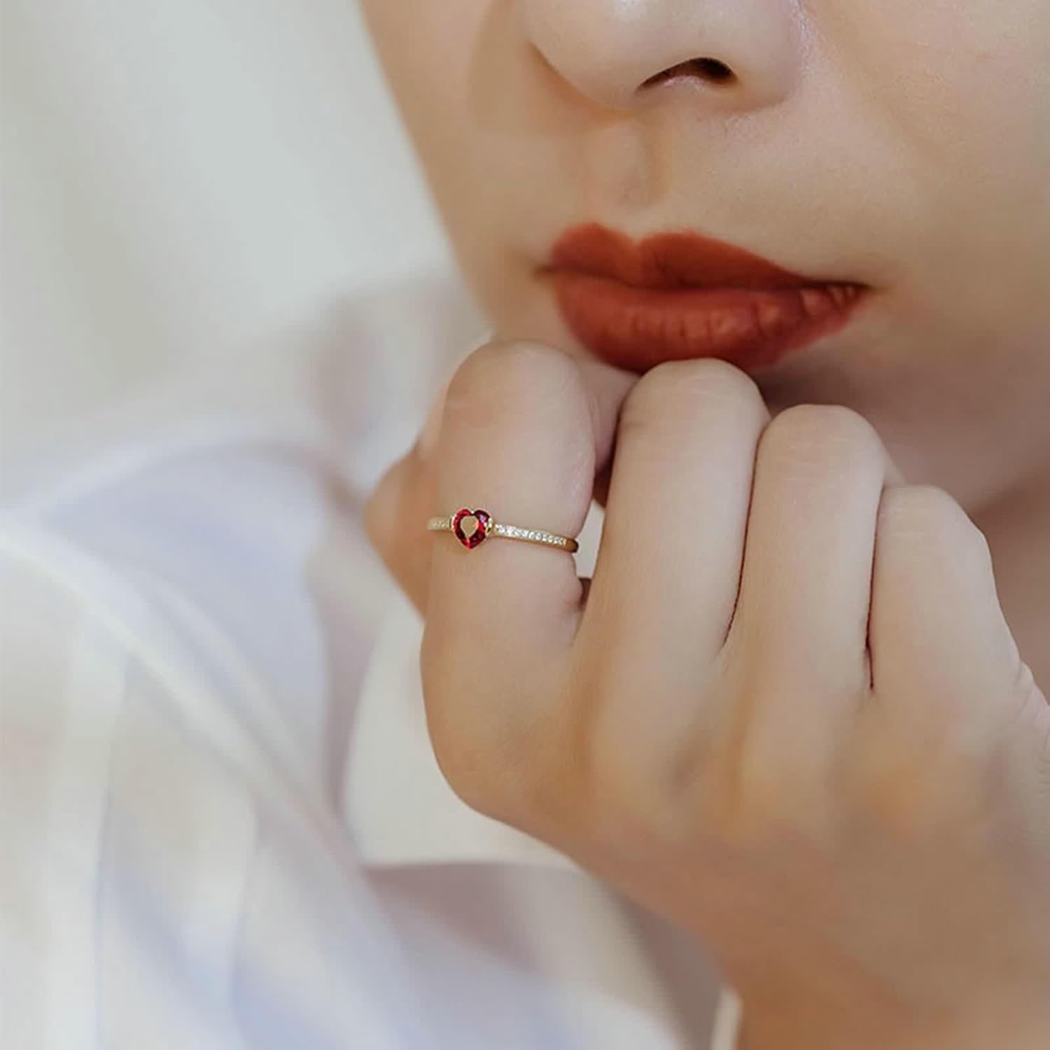 Promise Ring Heart, Wedding Bands Womens Ruby Jewelry 18K Yellow Gold with Diamond for Fiancée