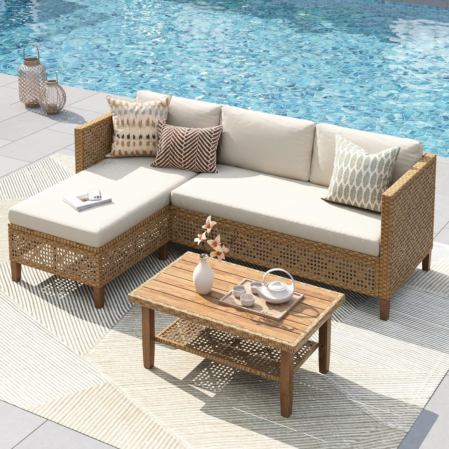 PHI VILLA Outdoor Sectional Couch, Wicker Patio Furniture Set with Cushions and Acacia Wood Coffee Table, L-Shape Small Outdoor Corner Sofa Set for Deck or Porch, 4 Seats, Beige