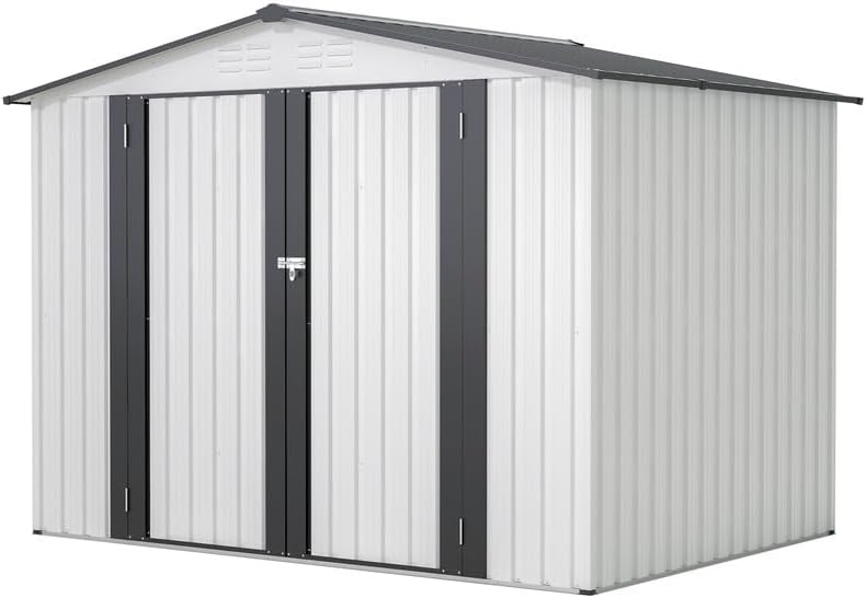 Metal Outdoor Storage Shed 8 x 6 FT, Steel Utility Tool Shed Storage House with Sloping Roof and Lockable Door, Waterproof Garden Storage for Backyard Patio Lawn, White
