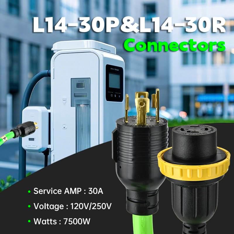30 Amp Generator Extension Cord (50 Feet) 4-Prong 120/250 Volt 7500W, Lock L14-30P/L L14-30R, 10 Gauge SJTW Locking Power Cord for Manual Transfer Switch ETL Listed