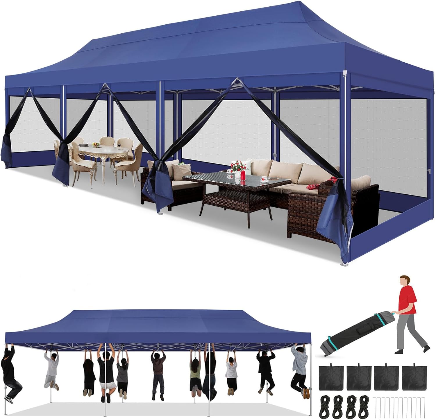 COBIZI 10x30 Heavy Duty Pop Up Canopy with 8 Mosquito Netting Wall, Easy Set Up Commercial Gazebo Party Tent, Outdoor Instant Screen Canopy for Backyard, Patio, Garden, Dark Blue
