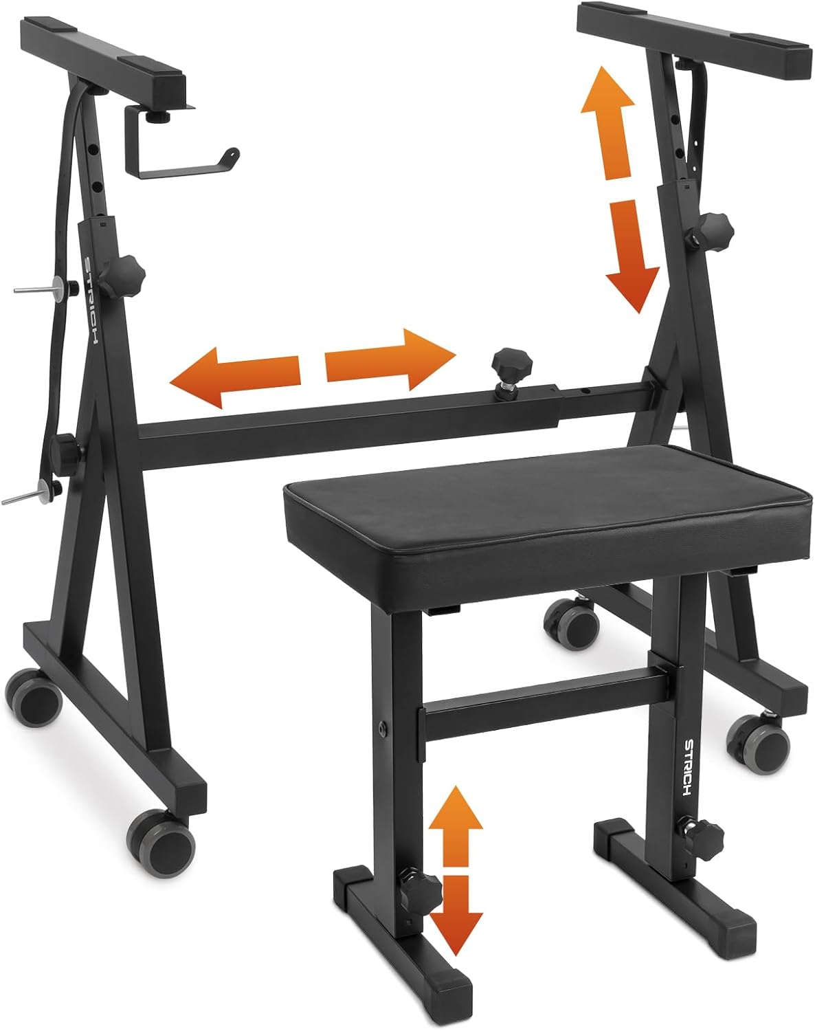 STRICH Piano Keyboard Stand Stool Set, Portable Heavy Duty Stand for 54-88 Key Electric Digital Pianos & Adjustable Piano Bench, Chair, Black, SKT-02 & SPB-M50