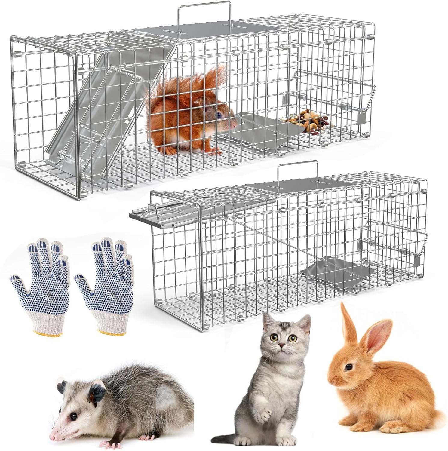 2Pcs Humane Live Animal Trap 24x7.4x8inch Folding Cat Trap Cages with Gloves Easy to Catch&Release Rodent Cage Collapsible Galvanized Steel for Small Raccoon Cats Squirrels Rabbits Hedgehog