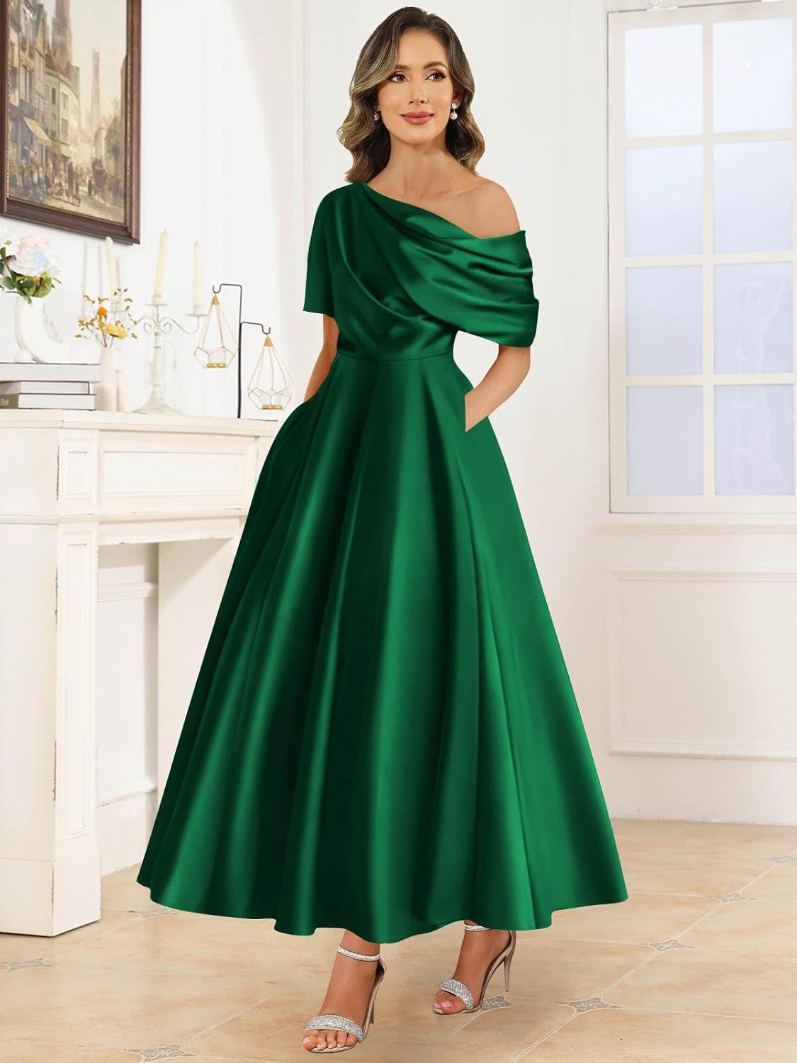 Tea Length Satin Mother of The Bride Dresses for Women One Shoulder Pleated Formal Evening Gown with Pockets