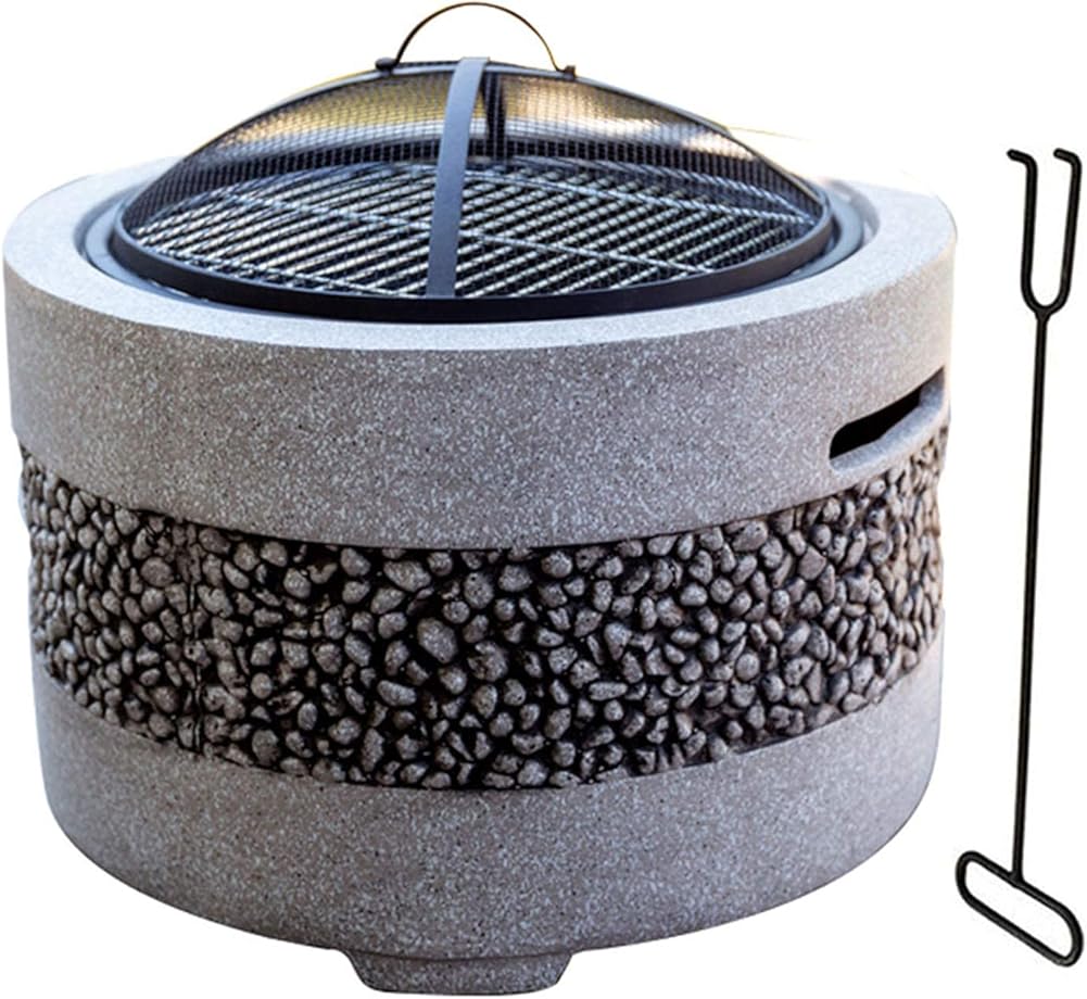 Small Fire Pit, Outdoor Fire Pit Bowl & BBQ Grill Round Shaped,Edging of Artificial Stone for Outside Patio, Decking, Lava Rocks, Large 3 in 1 Fire Pit