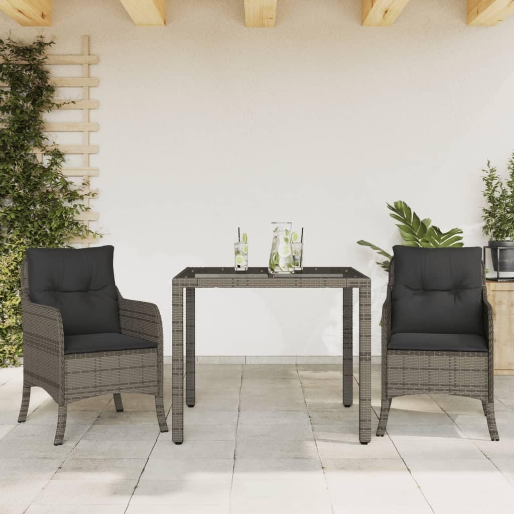 3 Piece Patio Dining Set with Cushions Gray Poly Rattan Garden Furniture