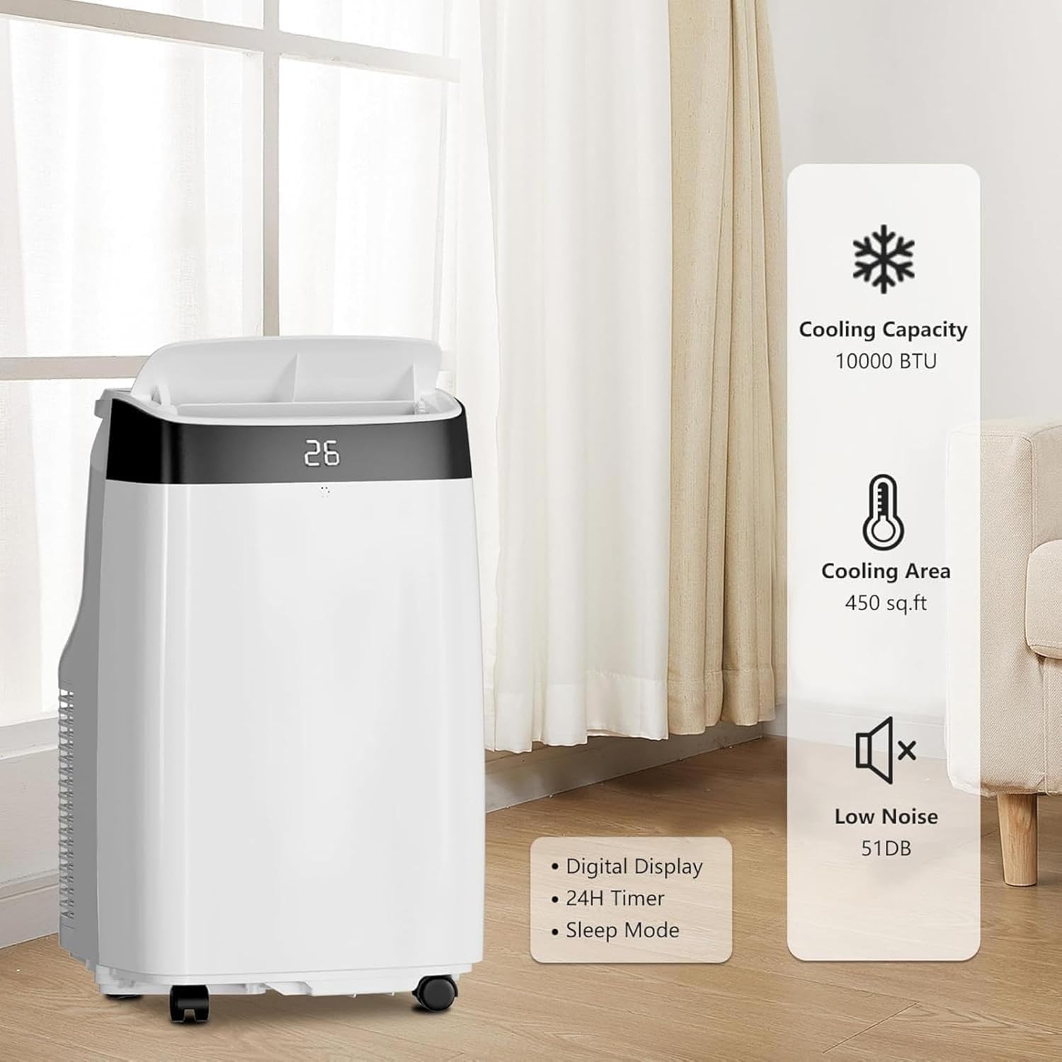 Portable Air Conditioner 10,000 BTU | 4-In-1 AC Unit with Remote Control | Energy-Saving or Sleep Mode | 24-Hour Timer for Effective Cooling in Bedrooms and Small Rooms