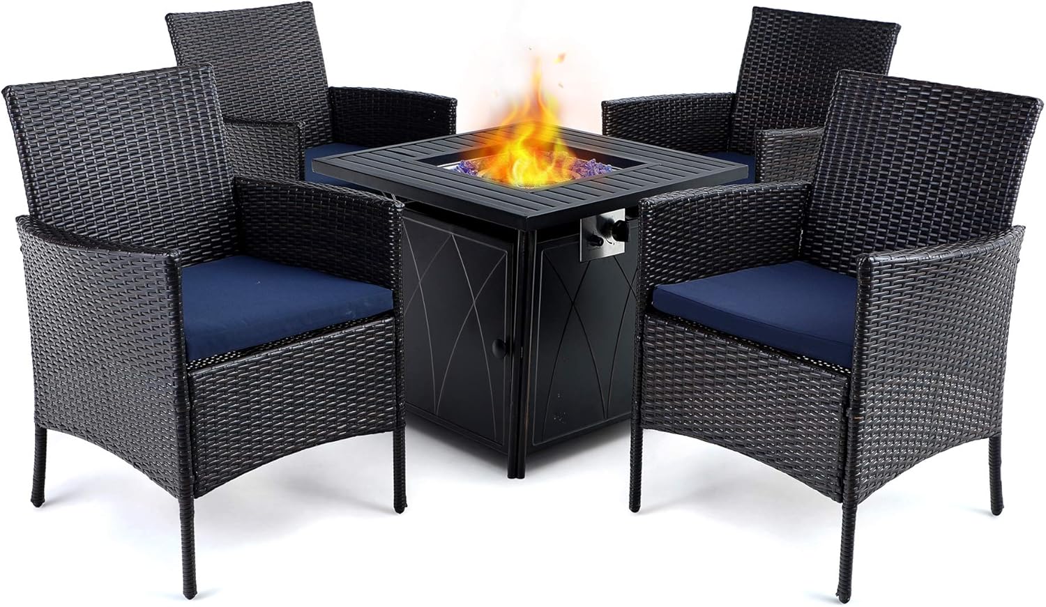 PHI VILLA 28” Propane Fire Table Conversation Set, 5 Piece Gas Fire Table with 4 Cushioned Wicker Chairs, Outdoor Fire Pit Dining Conversation Set for Patio, Yard