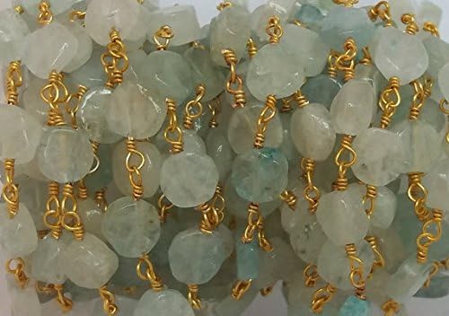 5 Feet Natural Aquamarine Smooth Coin Beaded Chain - Gold Over Sterling Silver or Gold Plated Wire Wrapped Chain - Coin Beads 4.5-5mm