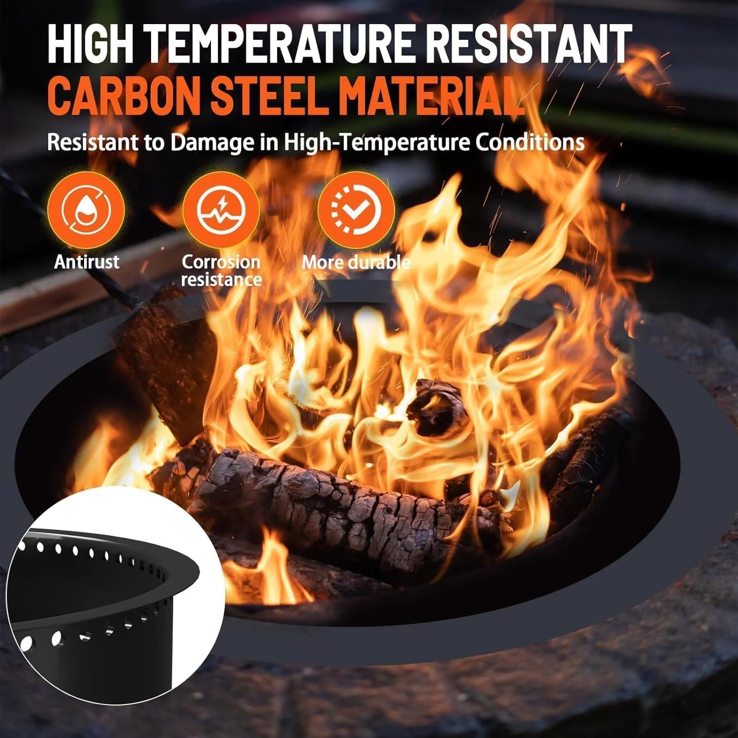 48 Inch Smokeless Fire Pit, Made of Carbon Steel, Outdoor Round Garden Fire Pit with Ventilation Holes, DIY Campfire Ring, Suitable for Burning Firewood