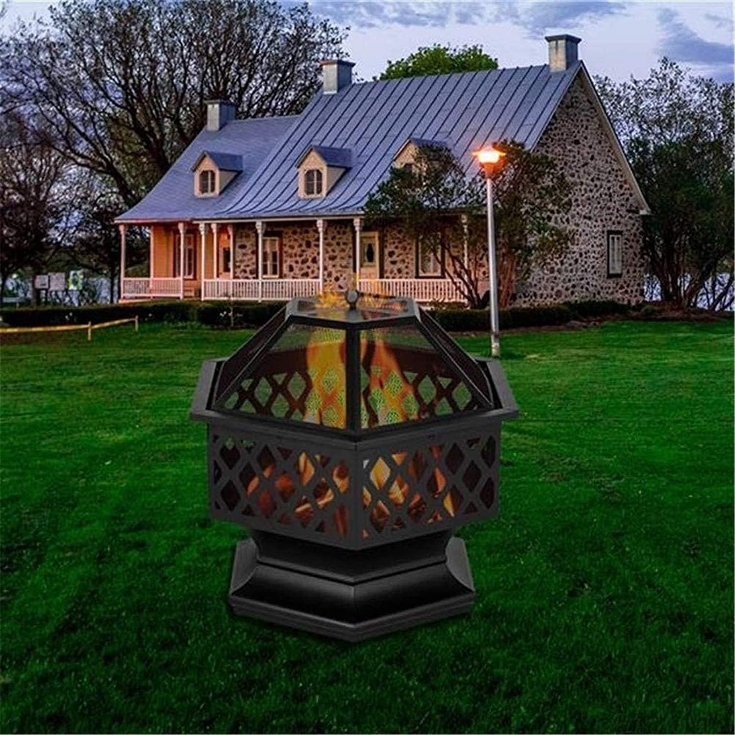 Fire Pit, Iron Fire Pit Outdoor Patio BBQ Camping Bonfire, Outdoor Fireplace Fire Bowl with Spark Screen, Great for Outdoor and Patio